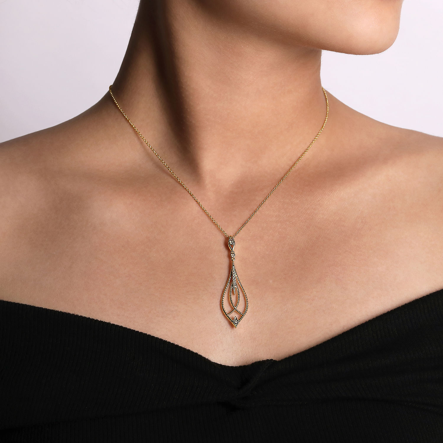 14K Yellow Gold Open Teardrop Pendant Necklace with Diamond Accents
