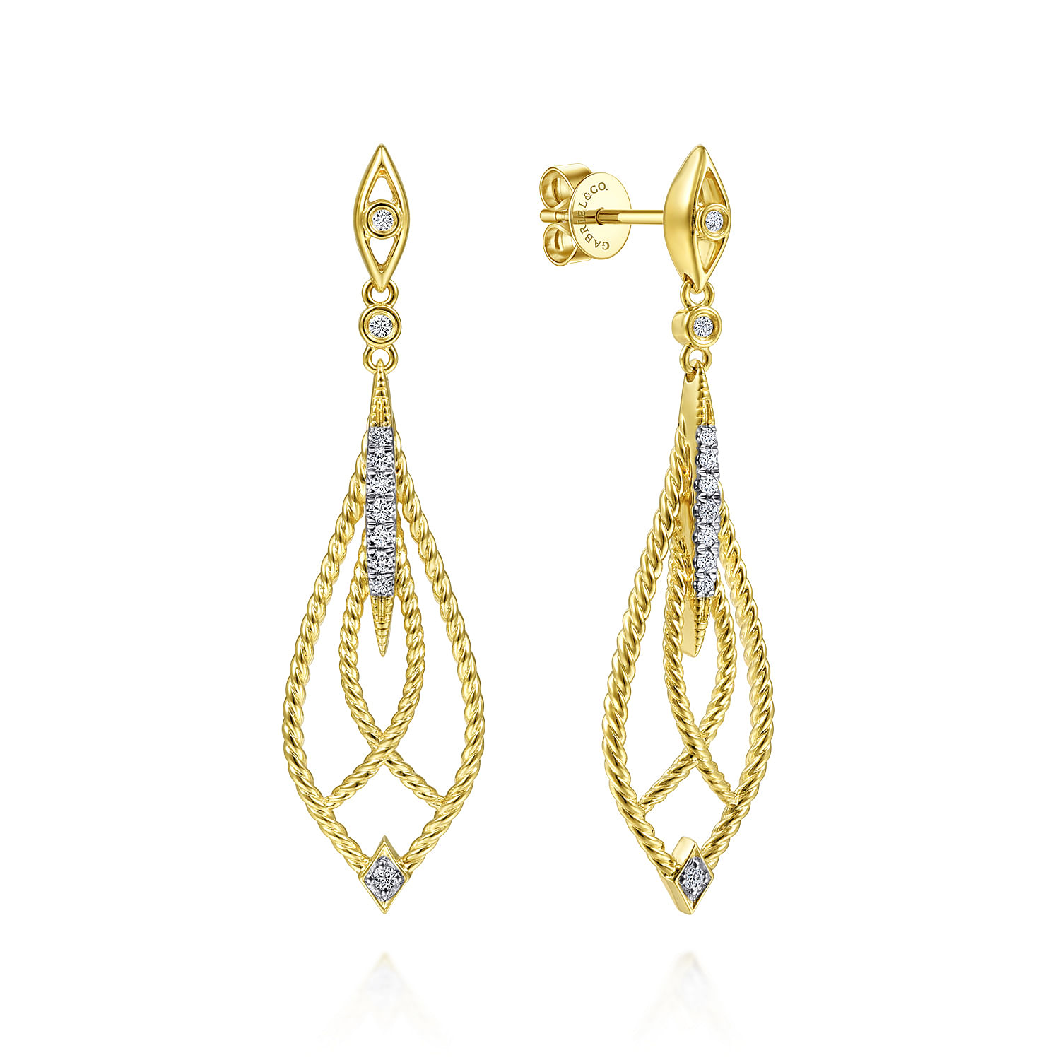 14K Yellow Gold Open Twisted Rope Drop Earrings with Diamond Accents