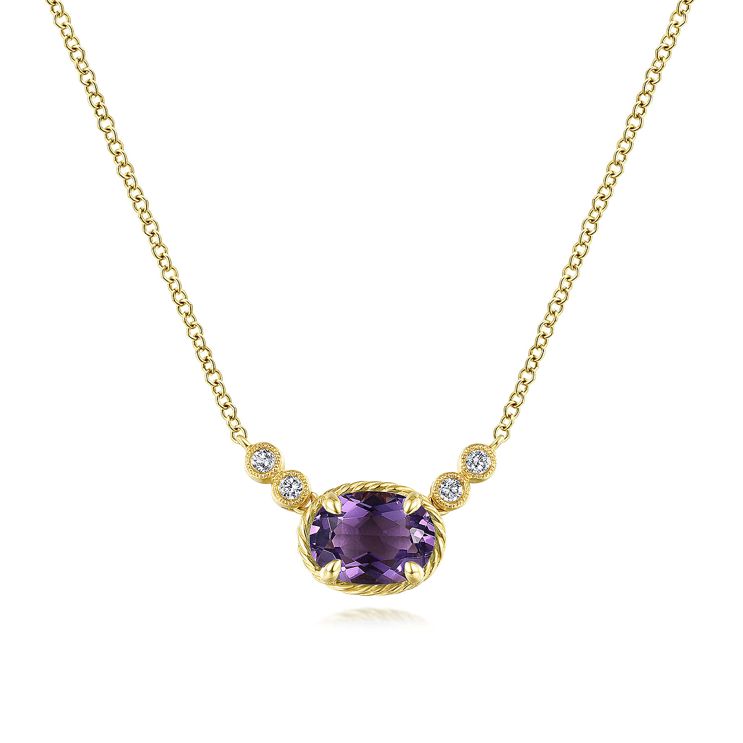 14K Yellow Gold Oval Amethyst Pendant Necklace with Diamond Accents