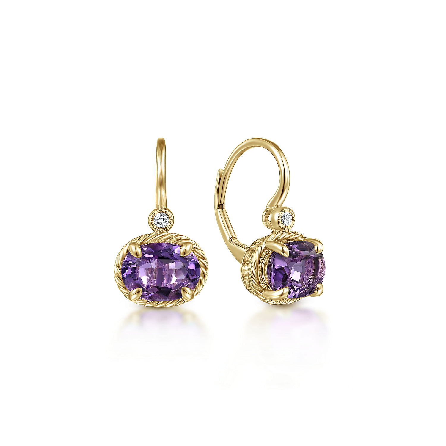 14K Yellow Gold Oval Amethyst and Diamond Leverback Earrings