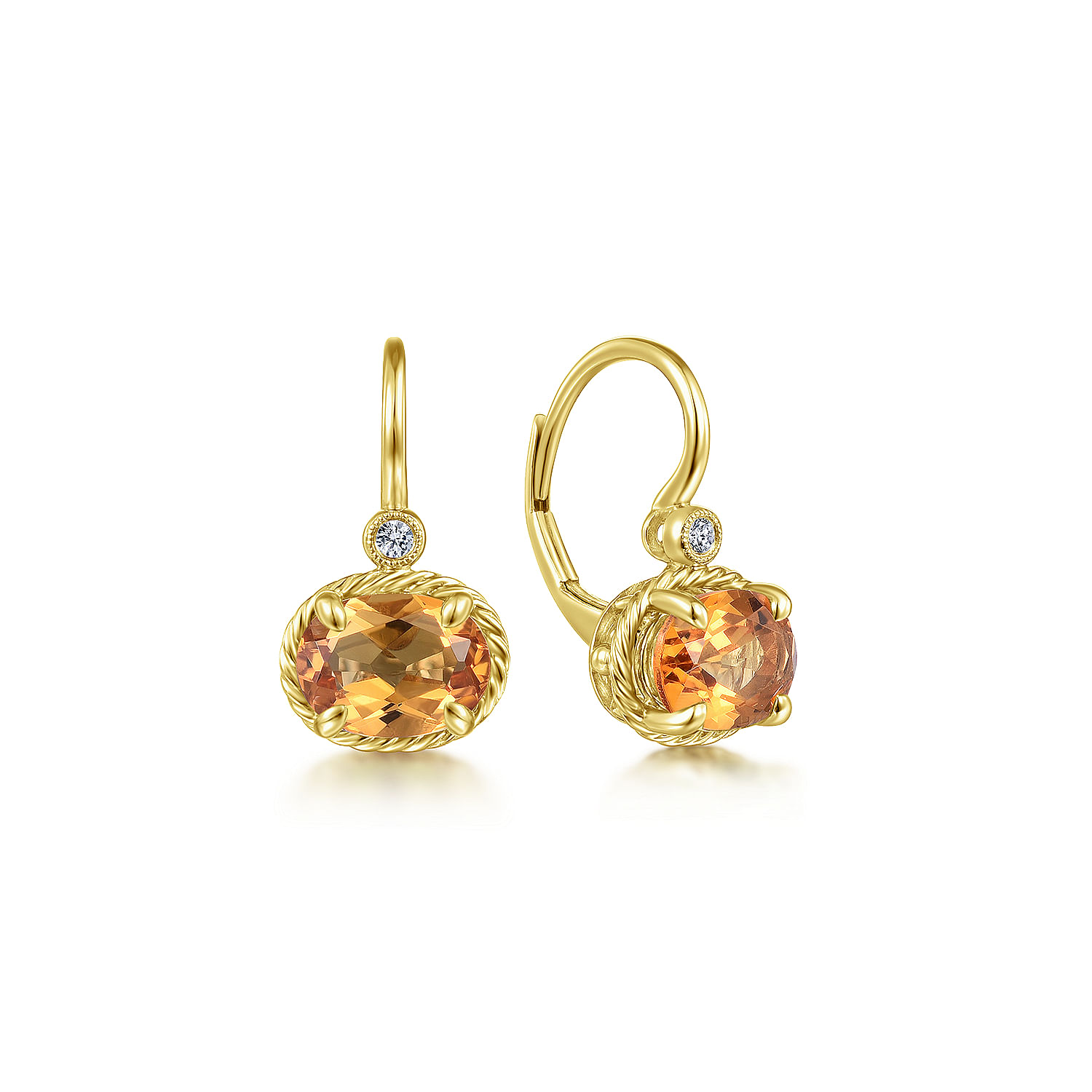 14K Yellow Gold Oval Citrine and Diamond Leverback Earrings