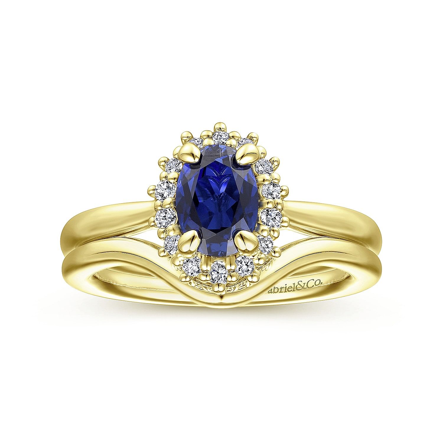 14K Yellow Gold Oval Halo Sapphire and Diamond Engagement Ring