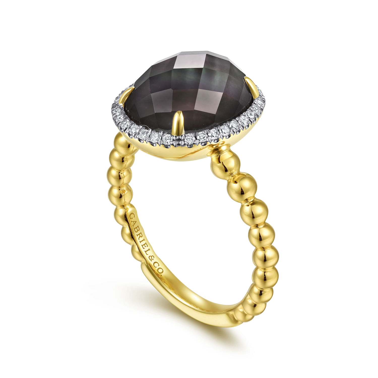 14K Yellow Gold Oval Rock Crystal/Black Pearl and Diamond Halo Ring