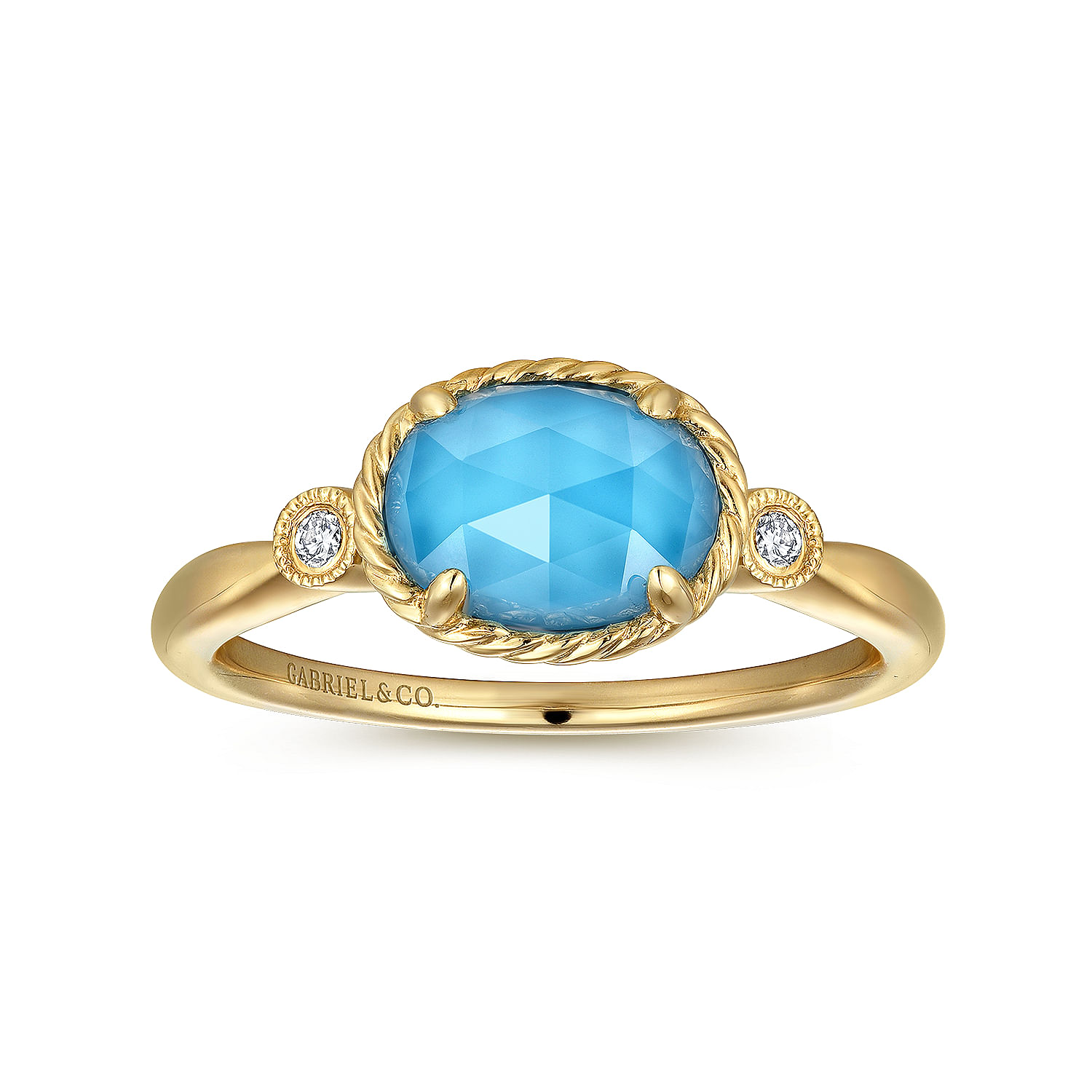 14K Yellow Gold Oval Rock Crystal/Turquoise Diamond Ring