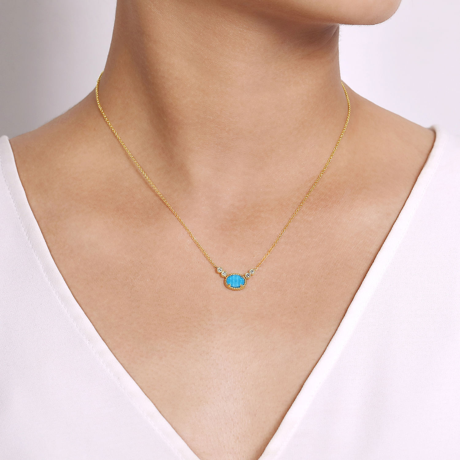 14K Yellow Gold Oval Rock Crystal/Turquoise and Diamond Pendant Necklace