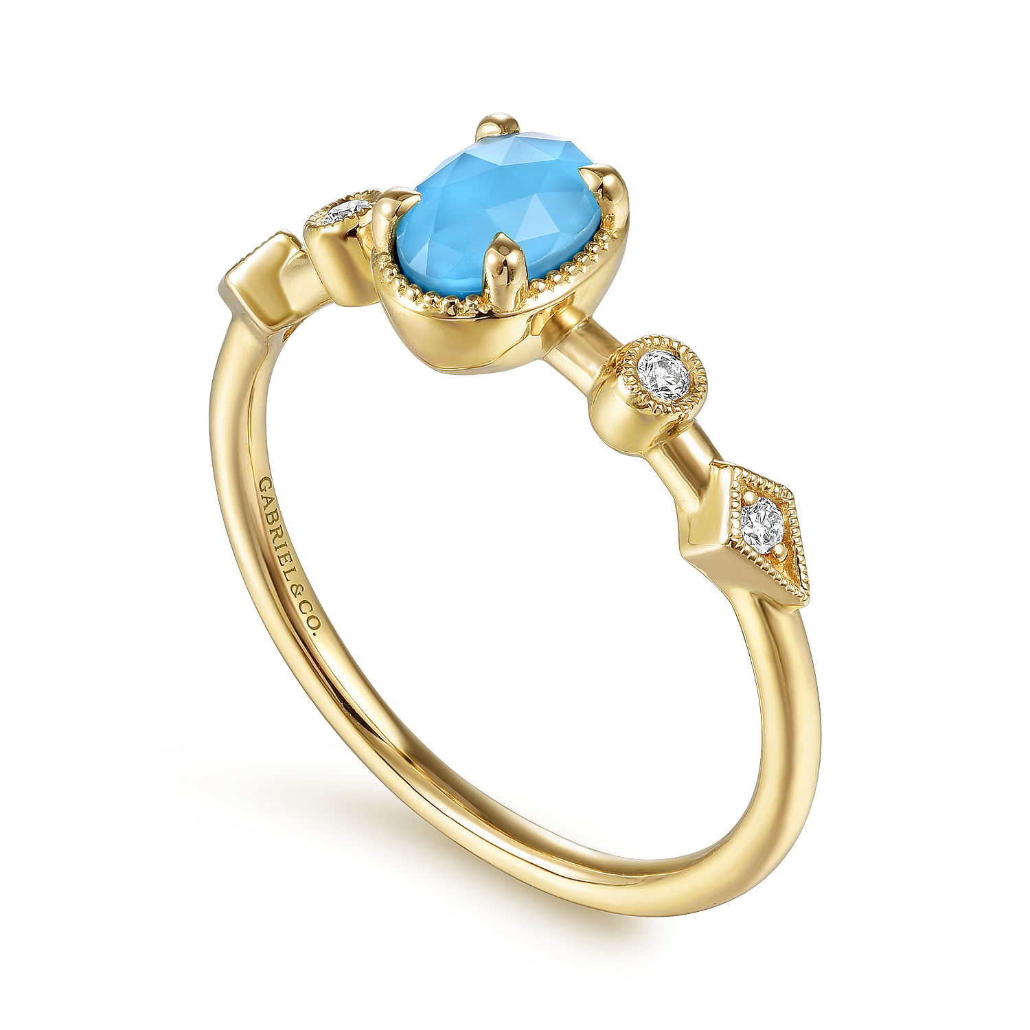 14K Yellow Gold Oval Rock Crystal/Turquoise and Diamond Station Ring