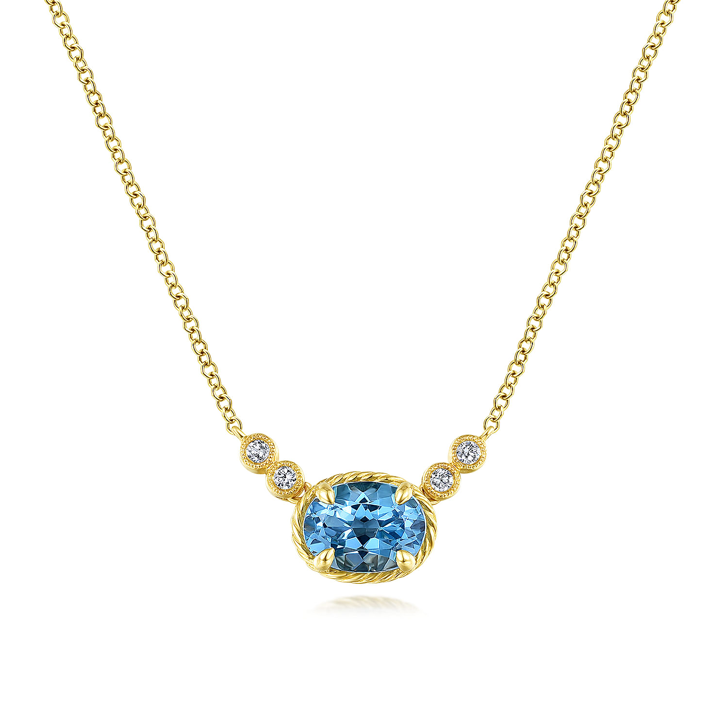 14K Yellow Gold Oval Swiss Blue Topaz Pendant Necklace with Diamond Accents