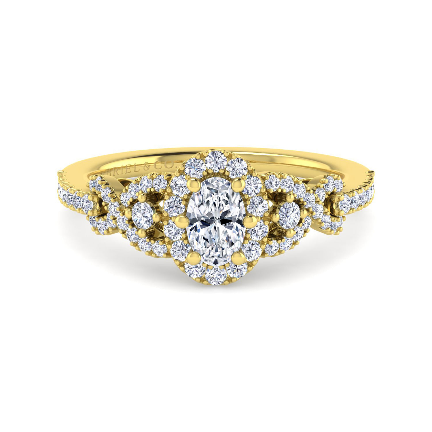14K Yellow Gold Oval Three Stone Halo Diamond Engagement Ring