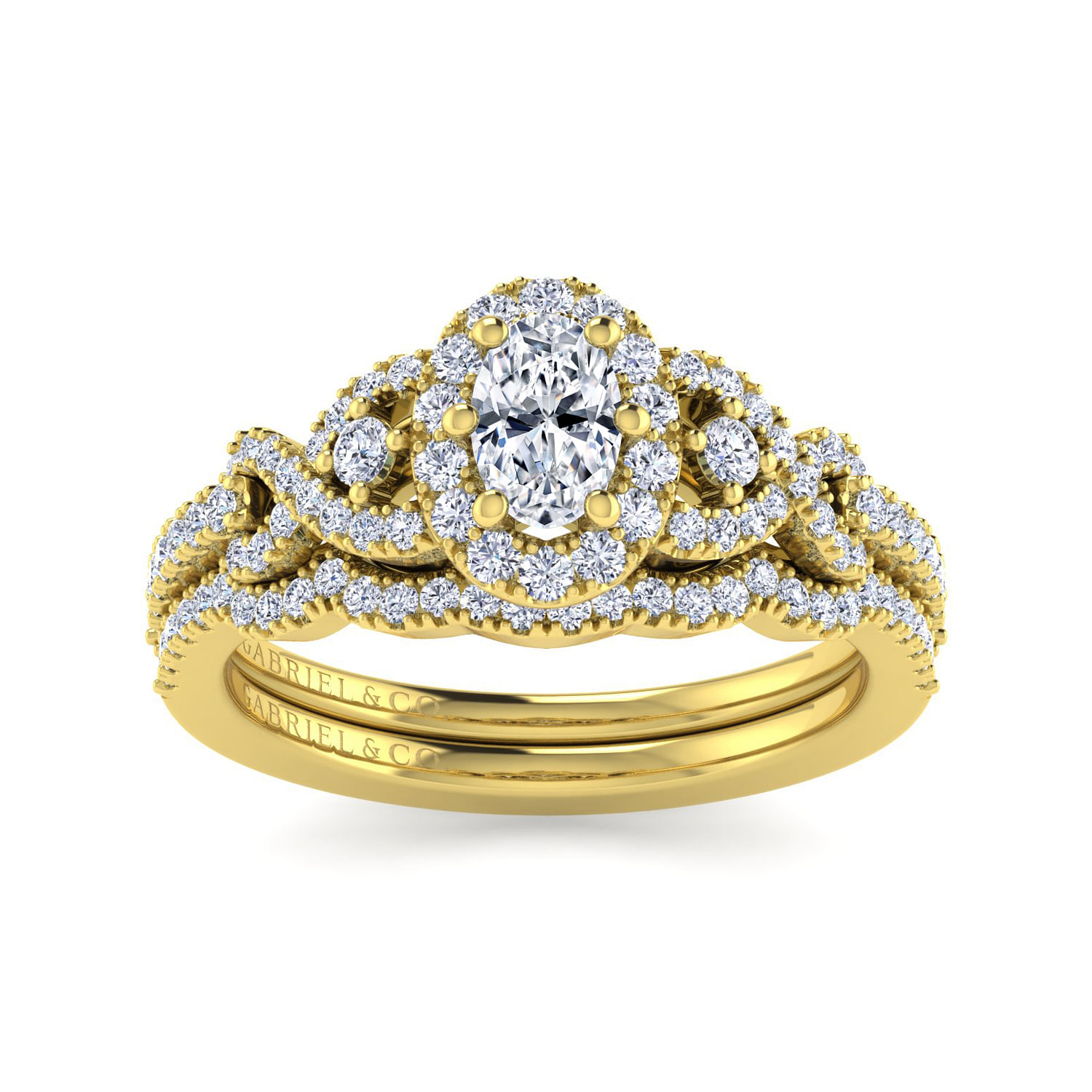 14K Yellow Gold Oval Three Stone Halo Diamond Engagement Ring