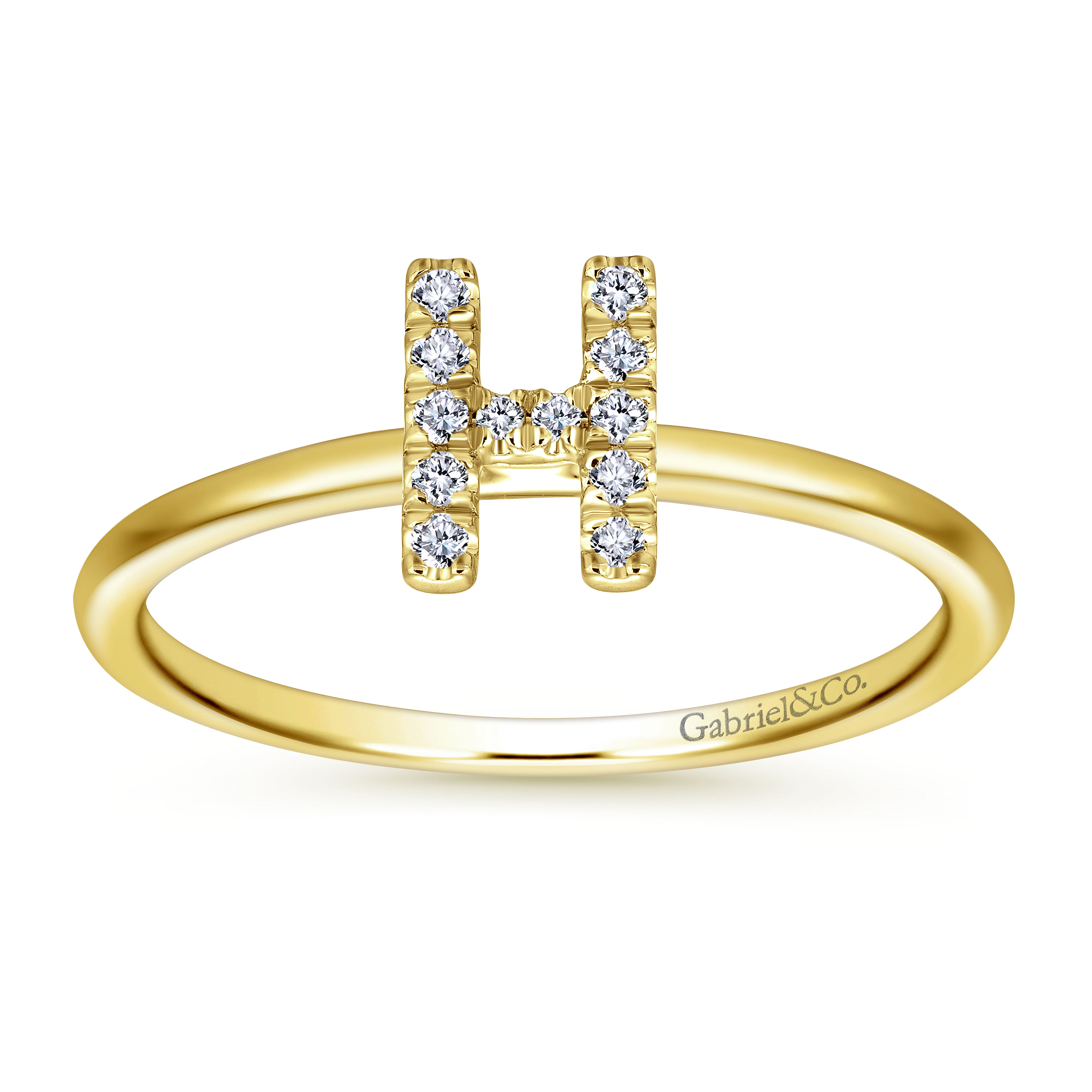 14K Yellow Gold Pavé Diamond Uppercase H Initial Ring
