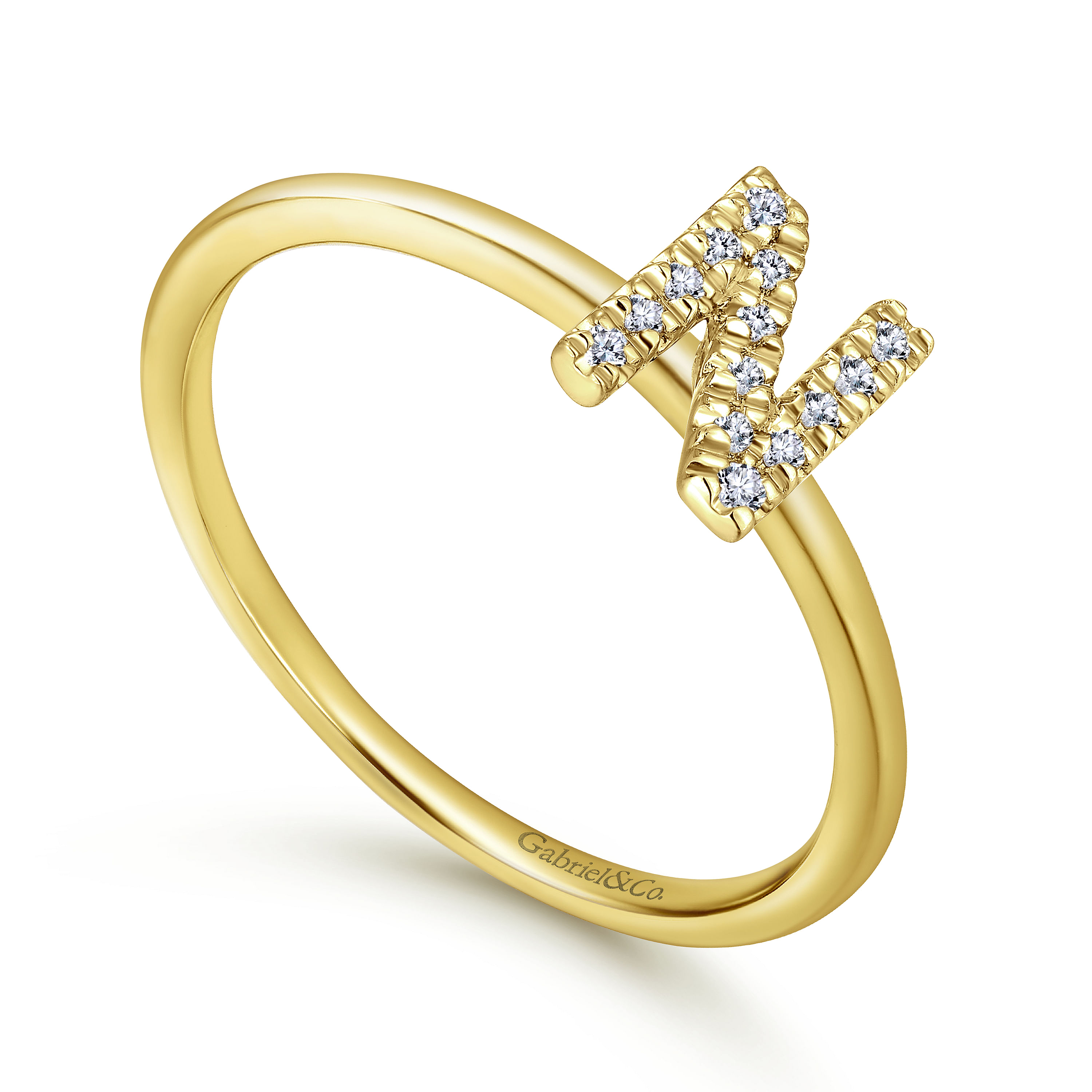 14K Yellow Gold Pavé Diamond Uppercase N Initial Ring
