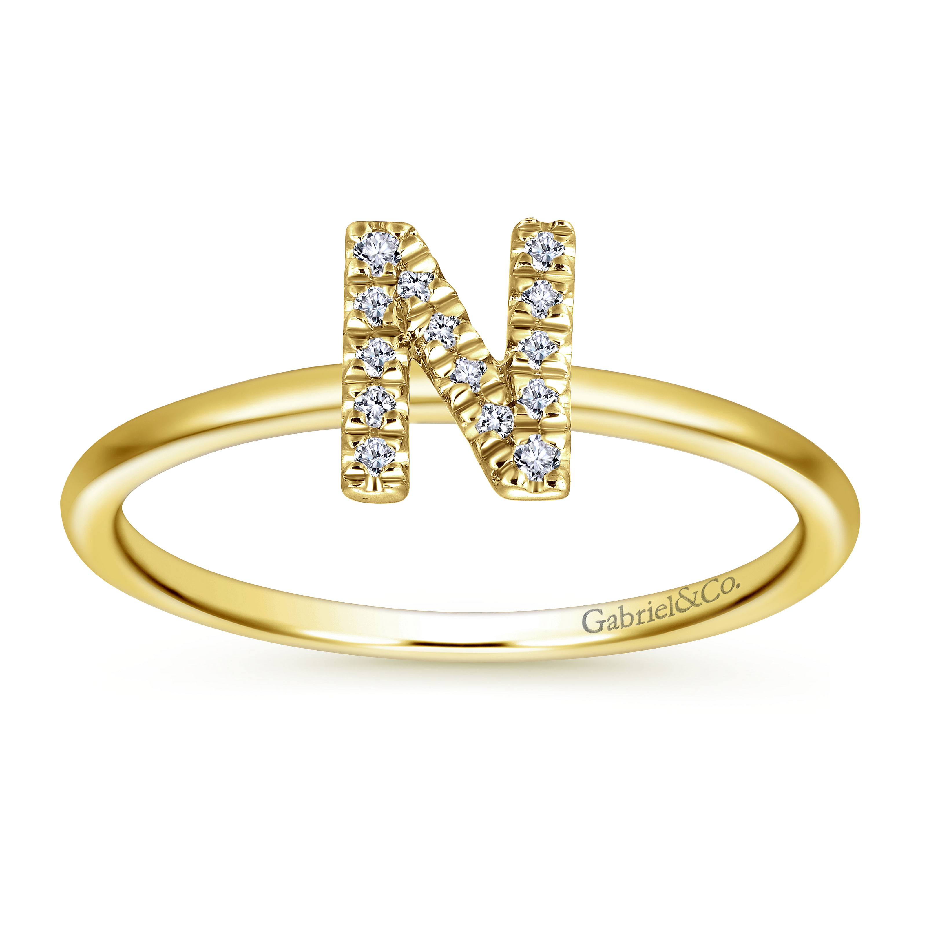 14K Yellow Gold Pavé Diamond Uppercase N Initial Ring