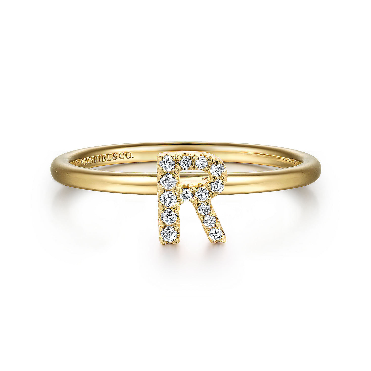 14K Yellow Gold Pavé Diamond Uppercase R Initial Ring