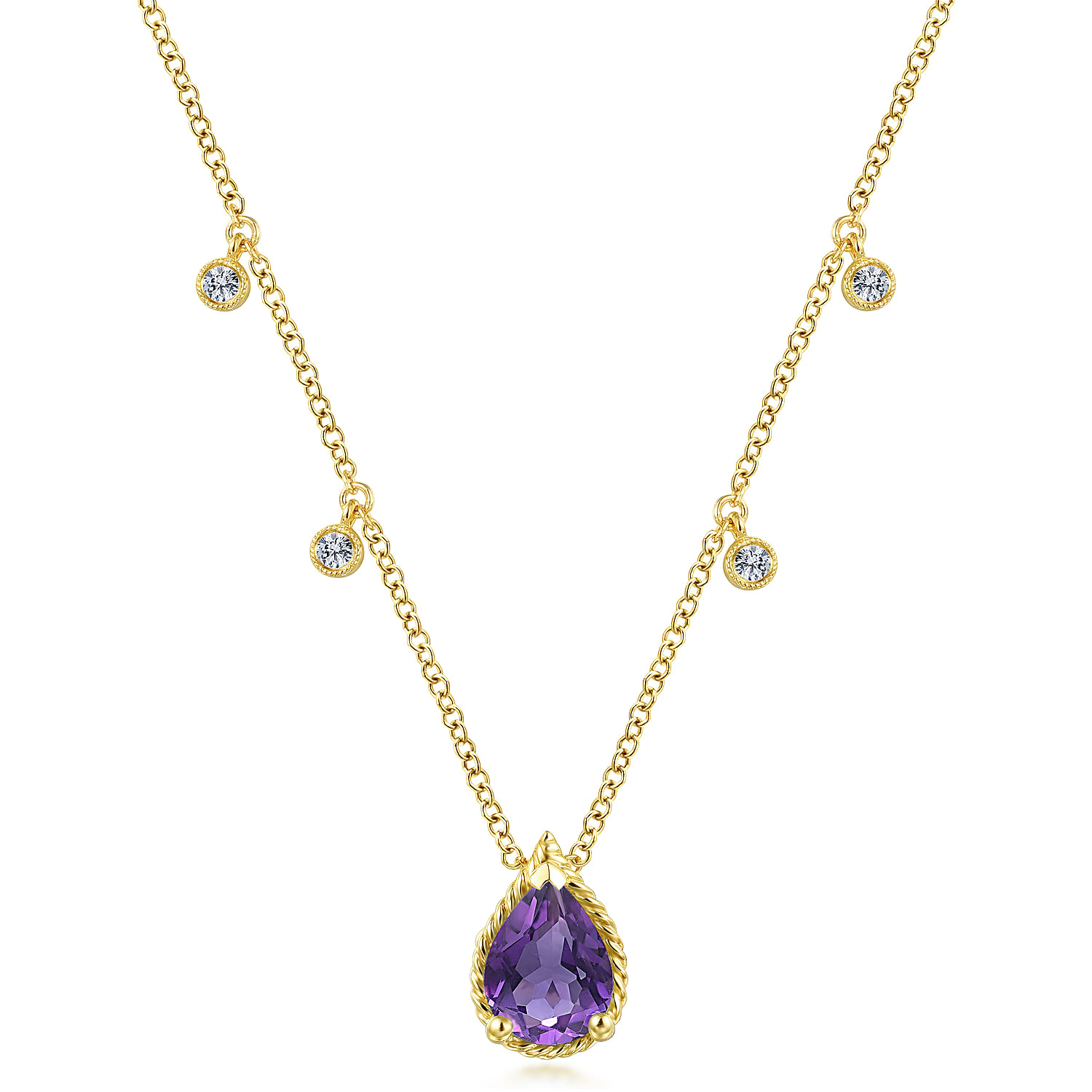 14K Yellow Gold Pear Shape Amethyst Pendant Necklace with Diamond Side Drops