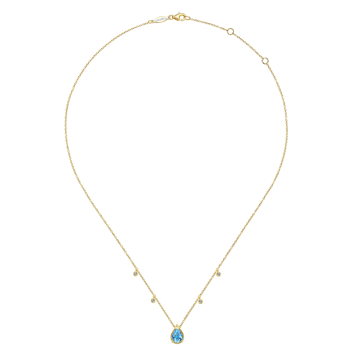 14K Yellow Gold Pear Shape Blue Topaz Pendant Necklace with Diamond Side Drops