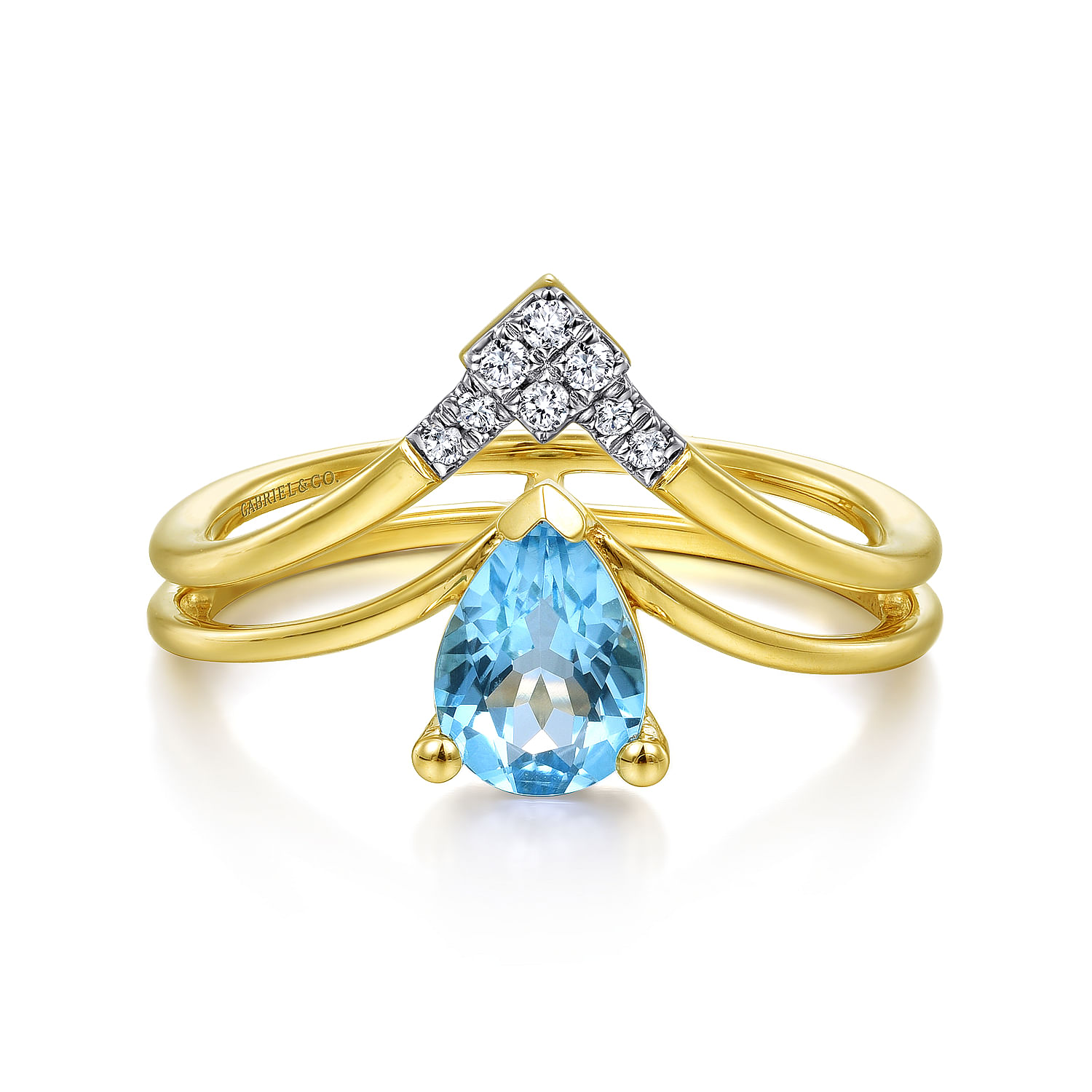 14K Yellow Gold Pear Shape Blue Topaz and Diamond V Ring