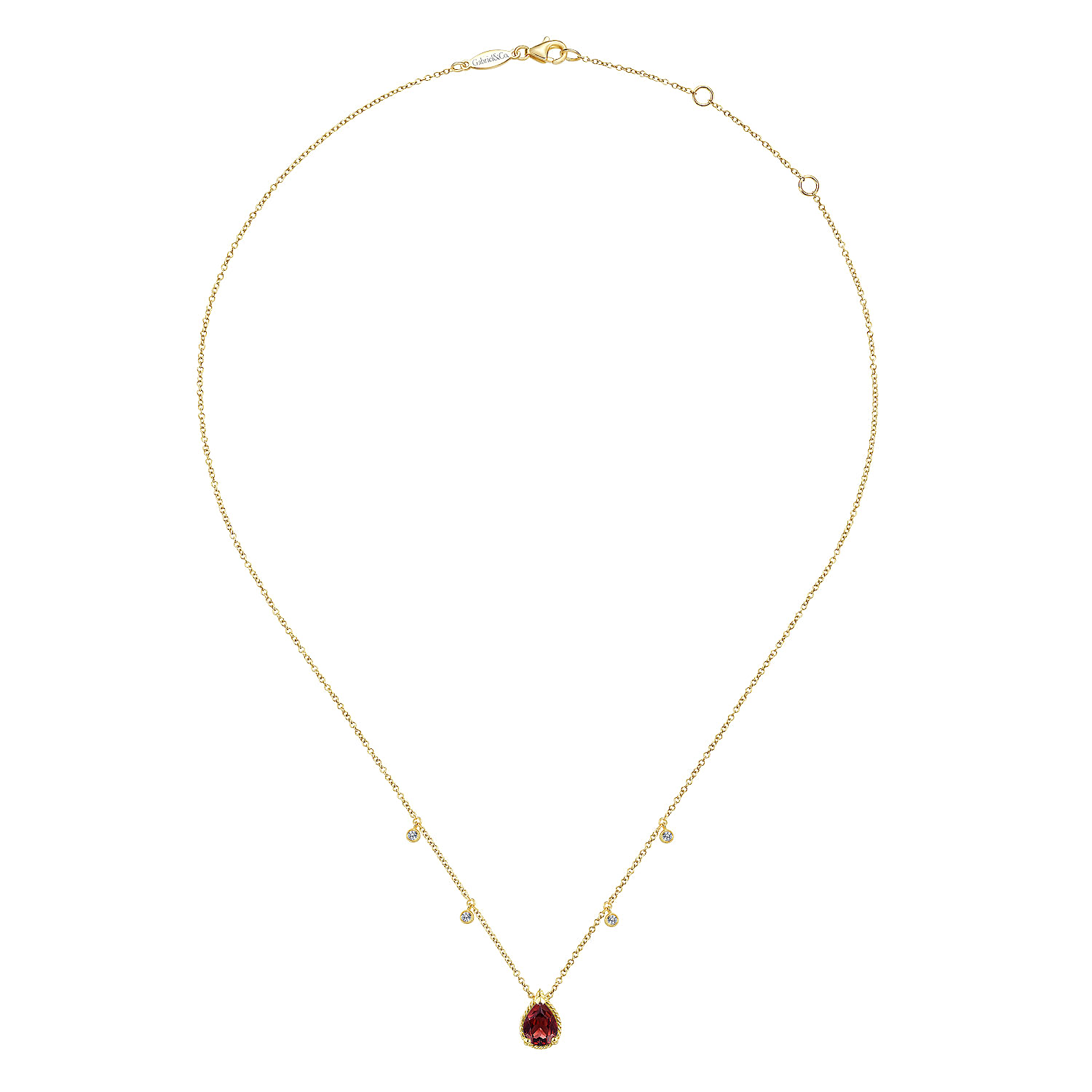 14K Yellow Gold Pear Shape Garnet Pendant Necklace with Diamond Side Drops