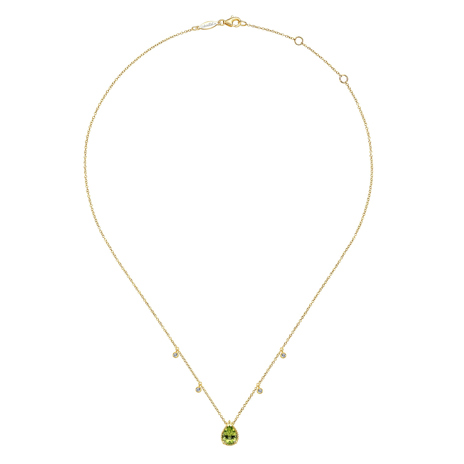 14K Yellow Gold Pear Shape Peridot Pendant Necklace with Diamond Side Drops
