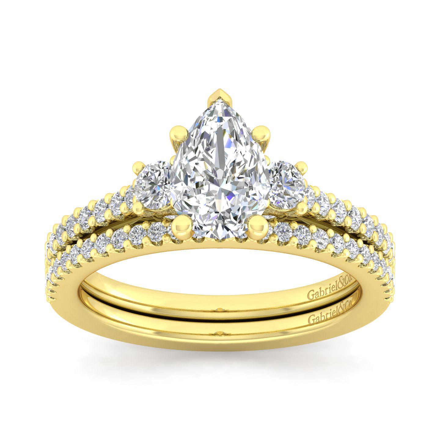 14K Yellow Gold Pear Shape Three Stone Diamond Engagement Ring