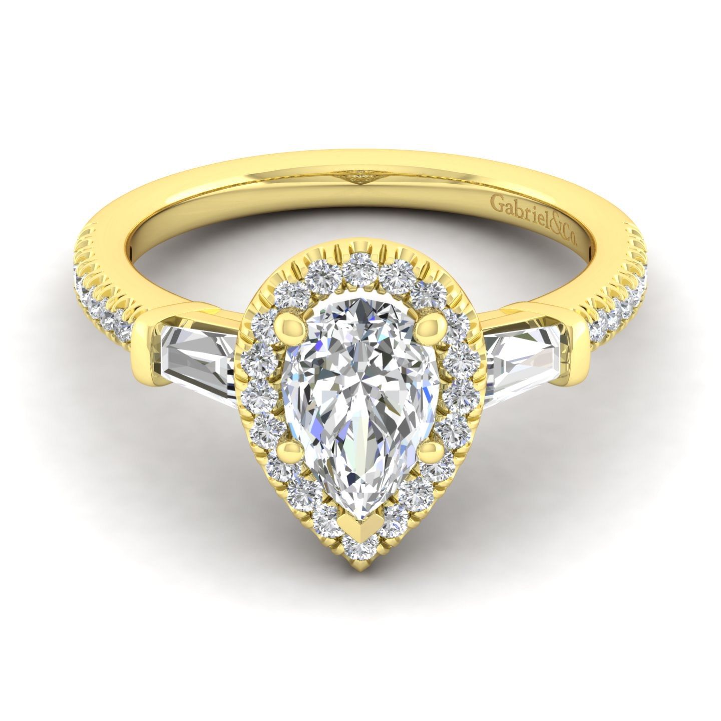 14K Yellow Gold Pear Shape Three Stone Halo Diamond Engagement Ring