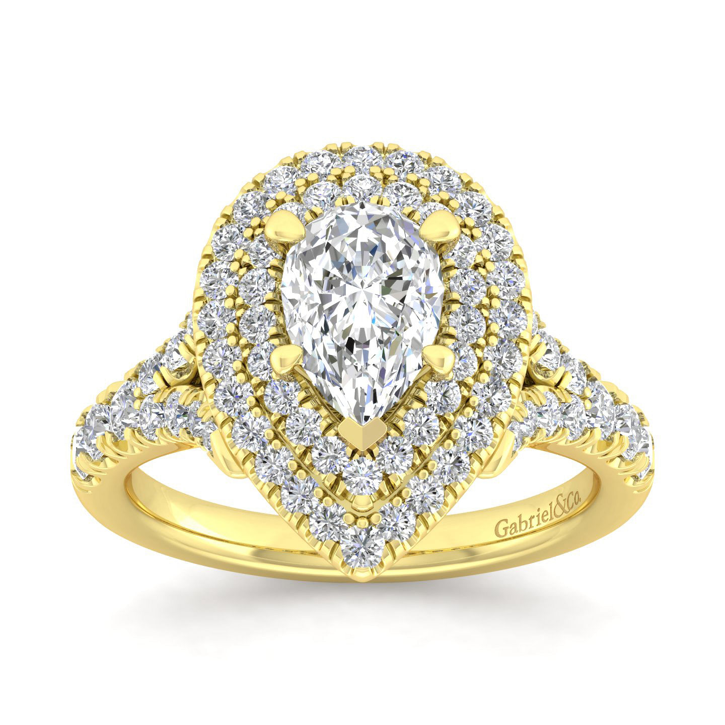 14K Yellow Gold Pear Shaped Double Halo Diamond Engagement Ring