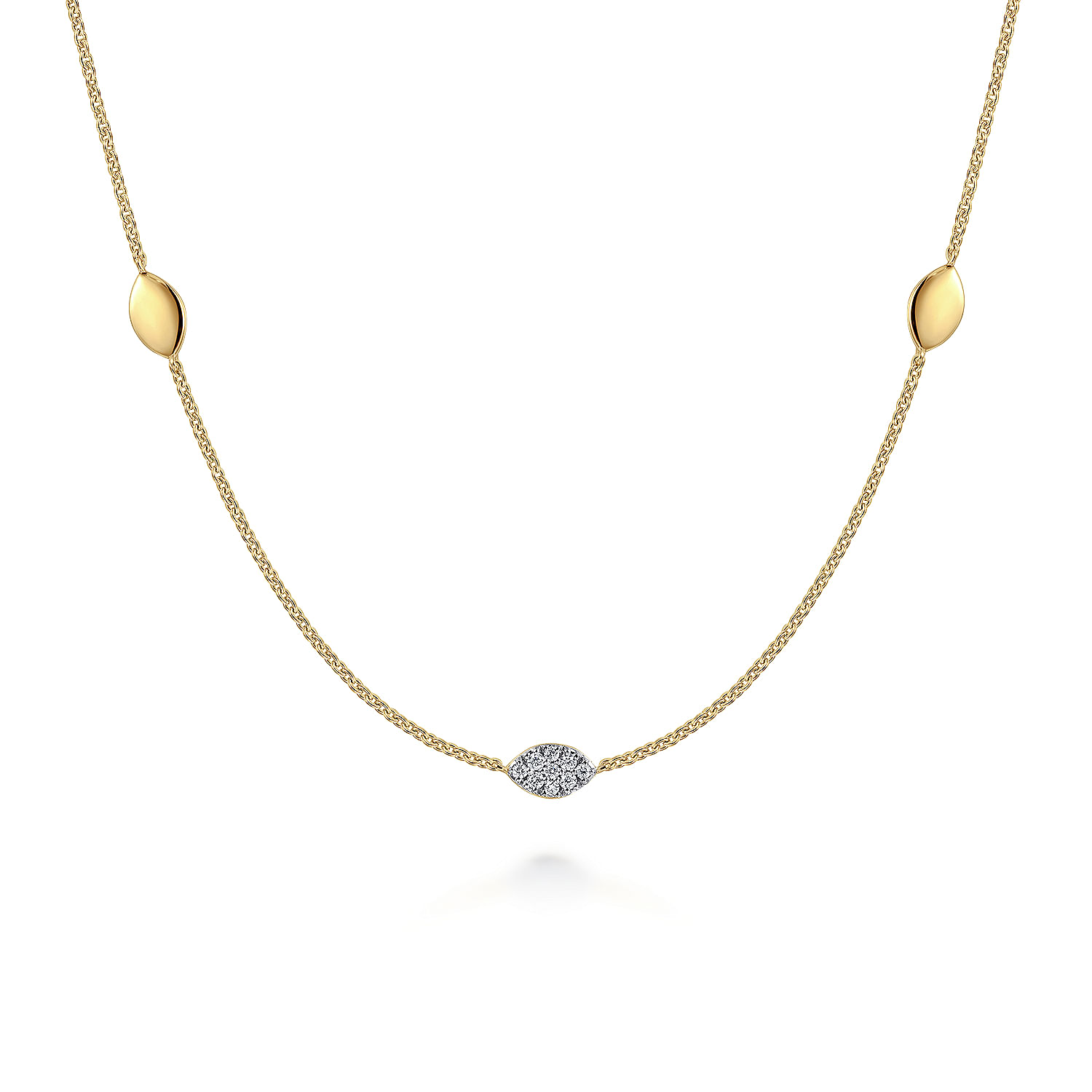 14K Yellow Gold Plain and Diamond Marquise Station Necklace