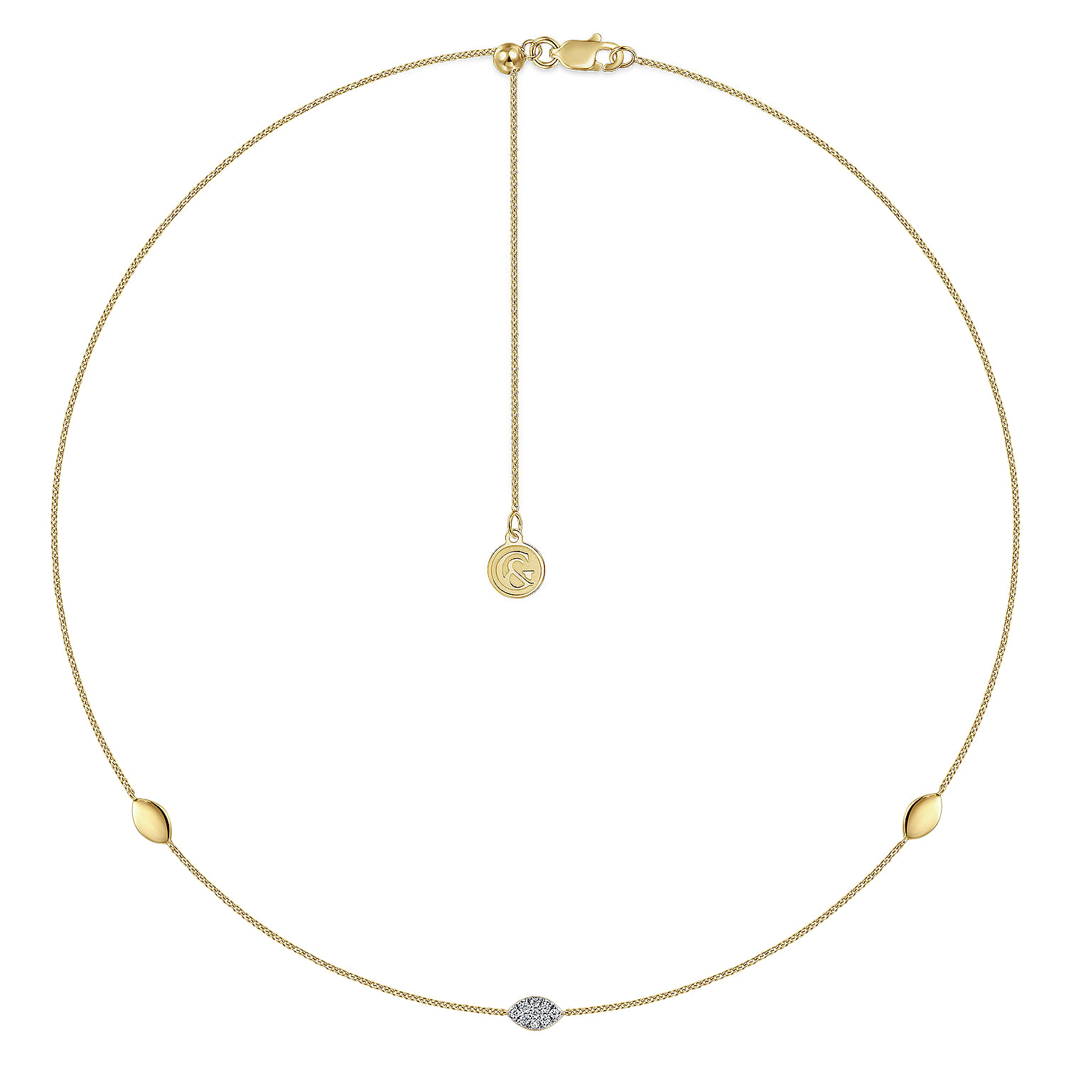 14K Yellow Gold Plain and Diamond Marquise Station Necklace