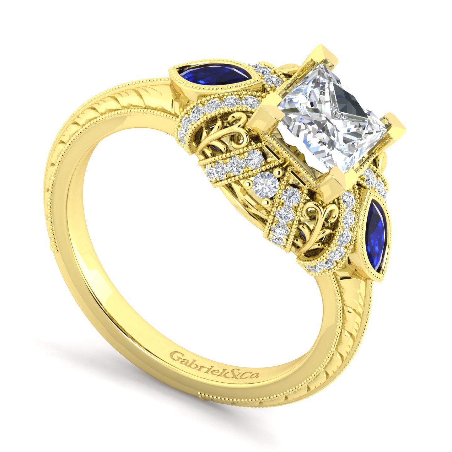 14K Yellow Gold Princess Cut Sapphire and Diamond Engagement Ring