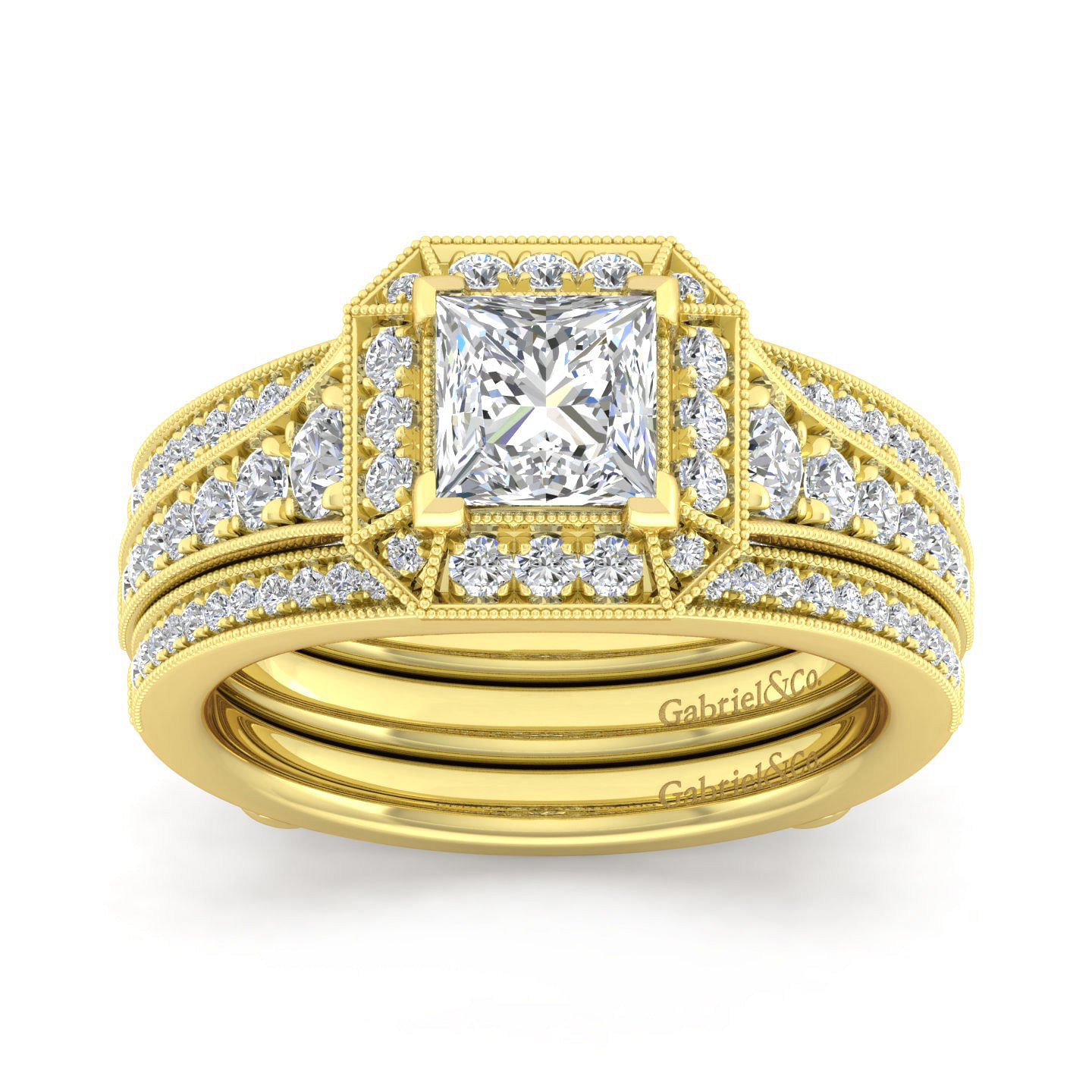 14K Yellow Gold Princess Halo Diamond Engagement Ring