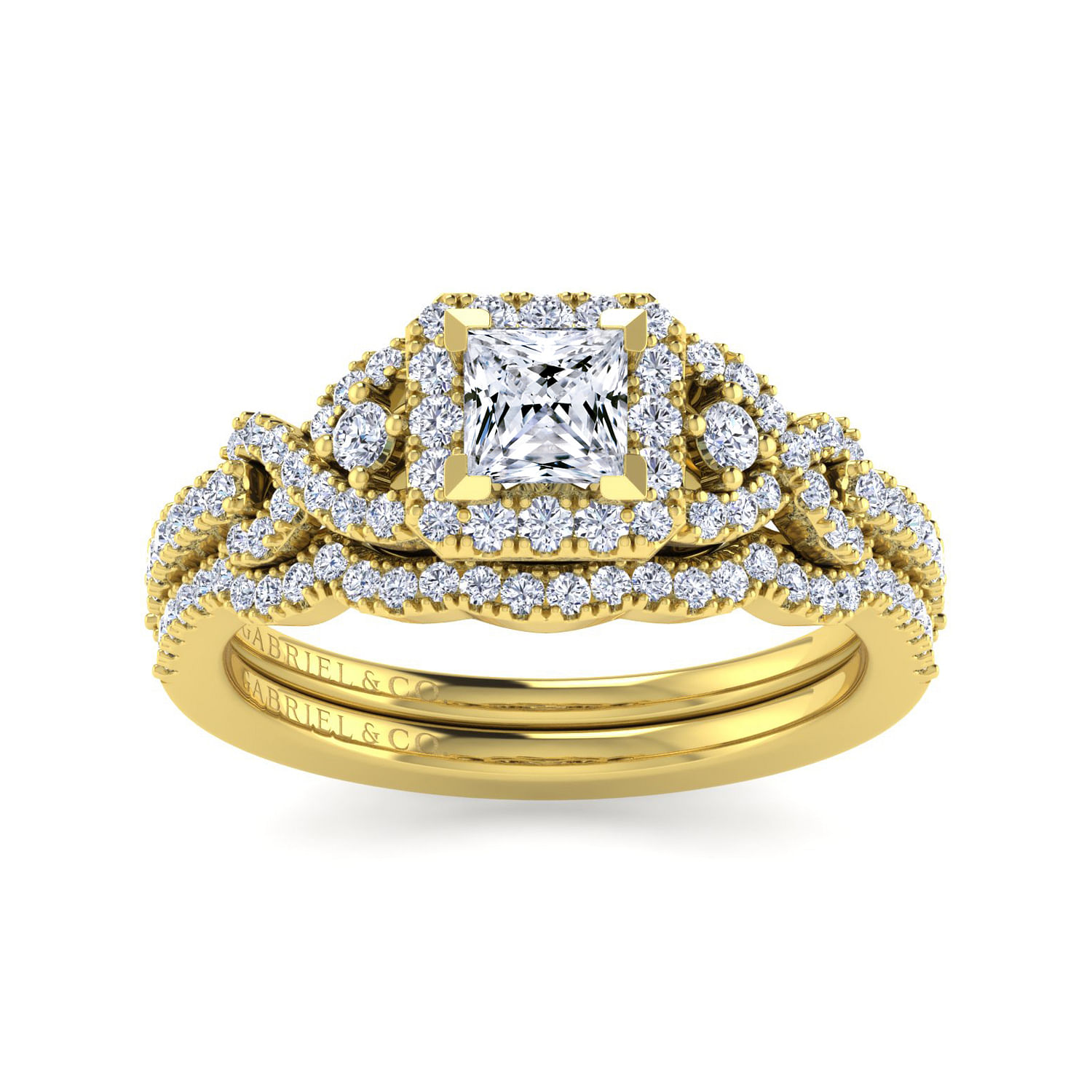 14K Yellow Gold Princess Three Stone Halo Diamond Engagement Ring