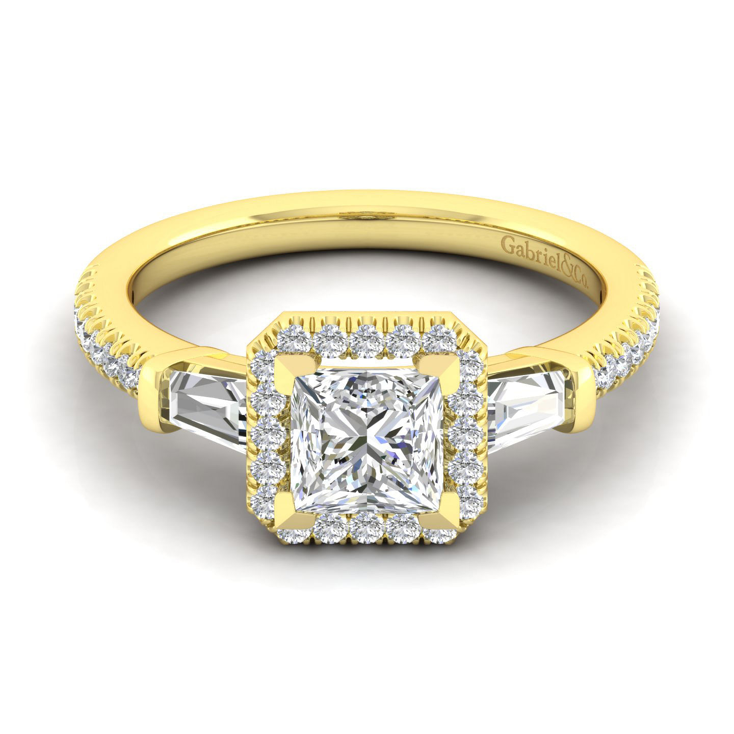 14K Yellow Gold Princess Three Stone Halo Diamond Engagement Ring