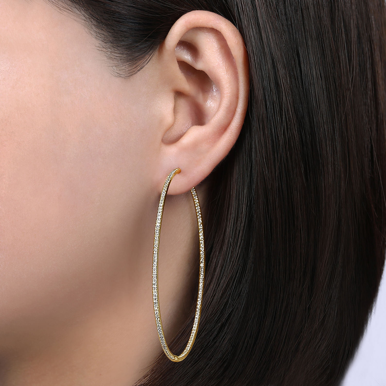 14K Yellow Gold Prong Set  70mm Round Classic Diamond Hoop Earrings