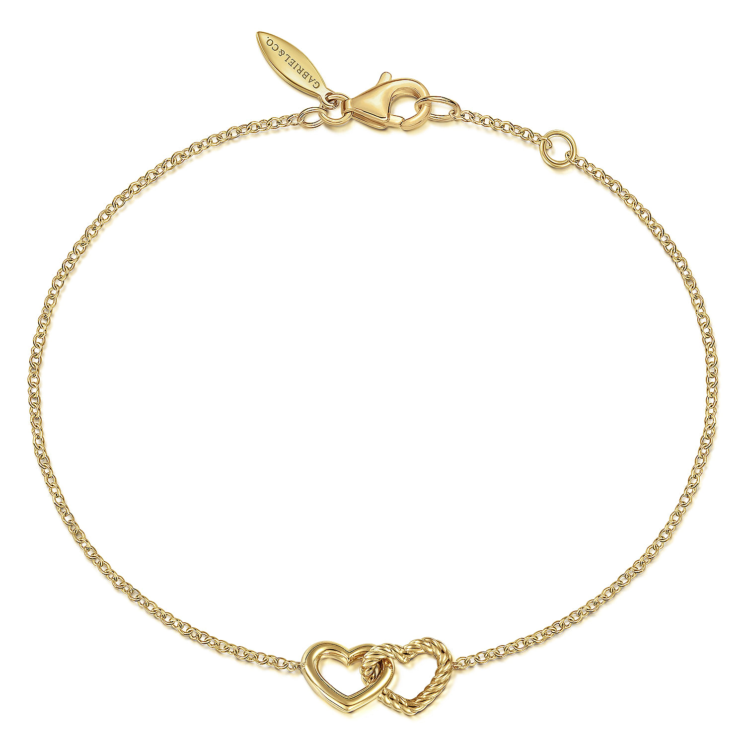 14K Yellow Gold Rope Entwined Hearts Chain Bracelet 