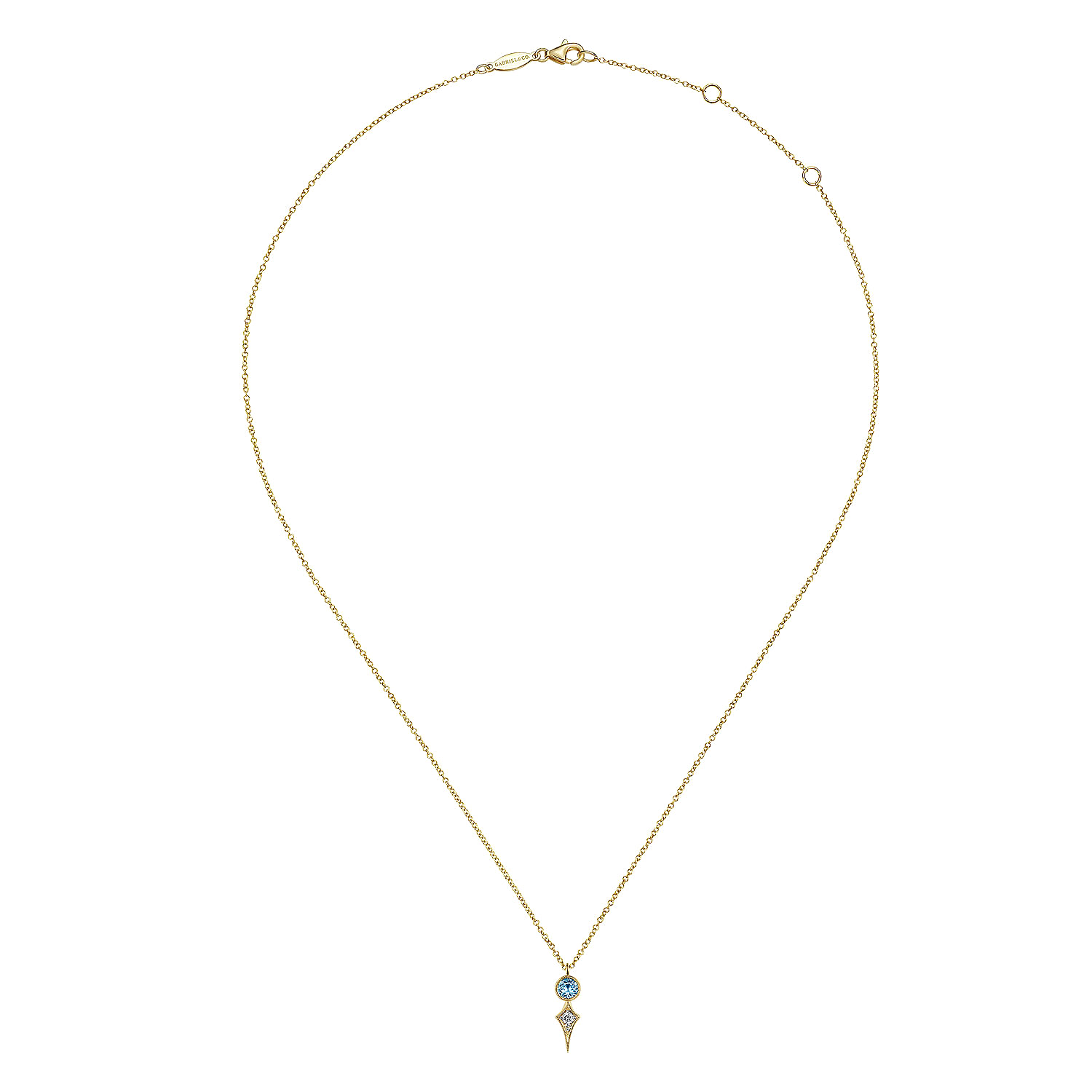 14K Yellow Gold Round Blue Topaz and Kite Diamond Pendant Necklace