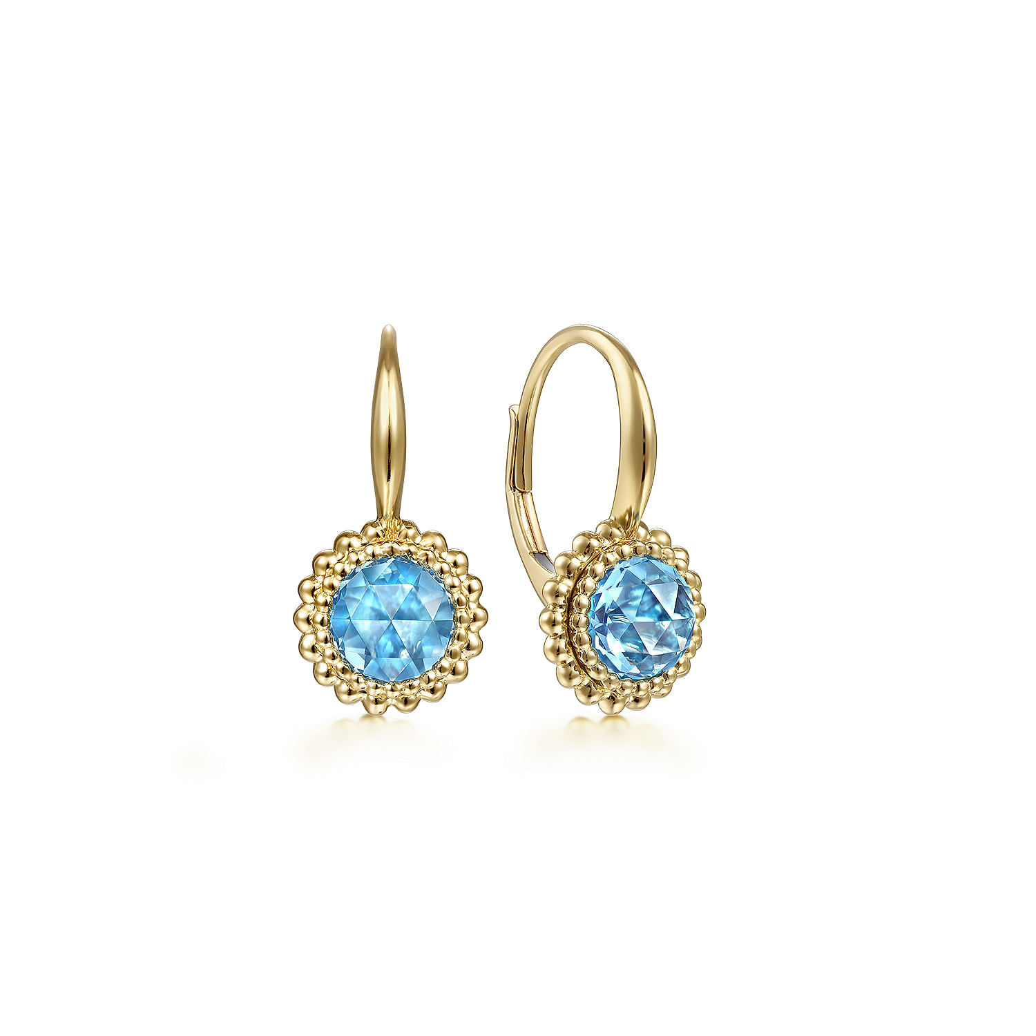 14K Yellow Gold Round Blue Topaz with Beaded Frame Leverback Earrings