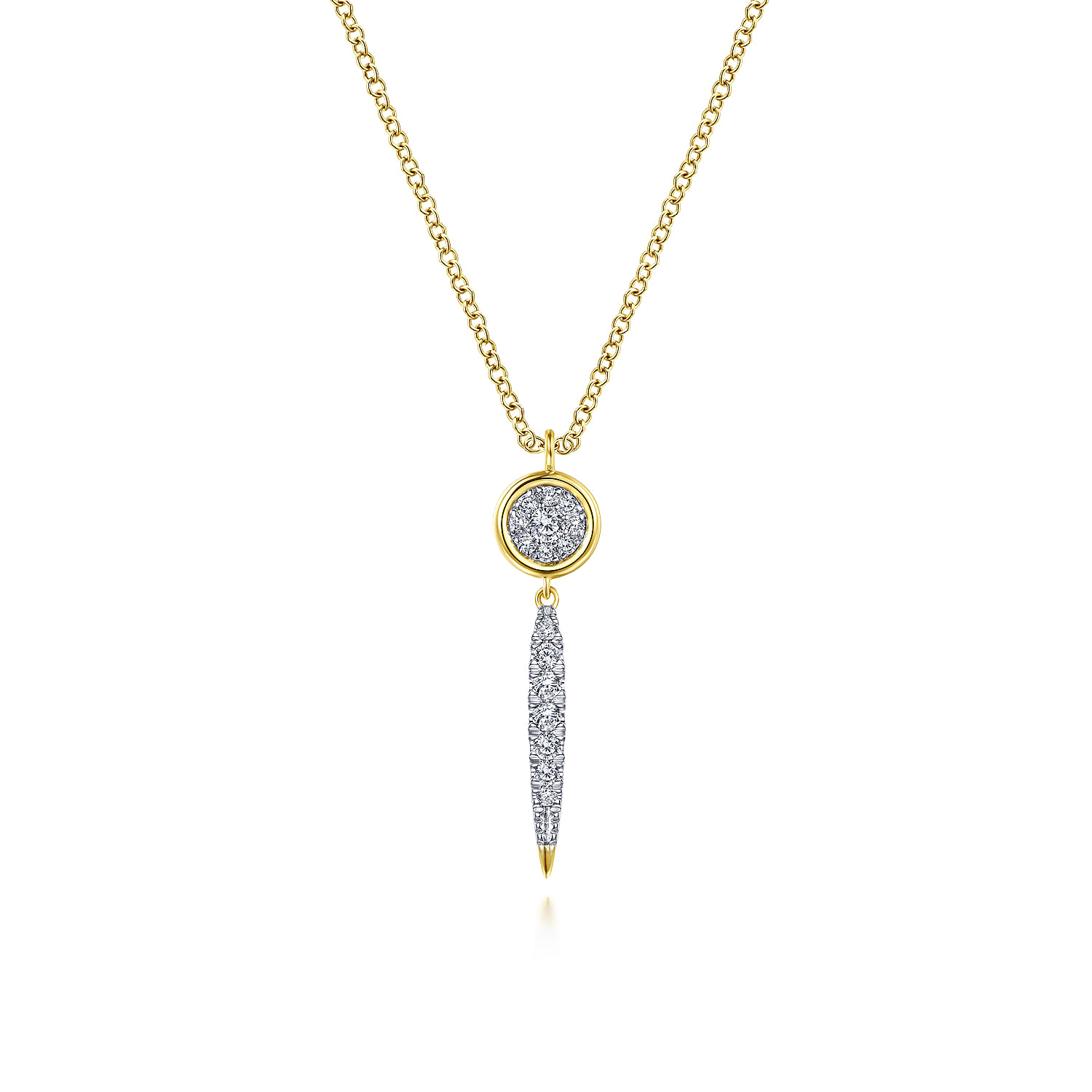 14K Yellow Gold Round Cluster Diamond and Spike Drop Pendant Necklace