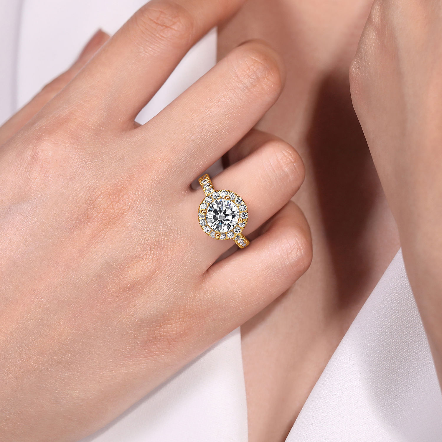 14K Yellow Gold Round Halo Diamond Engagement Ring