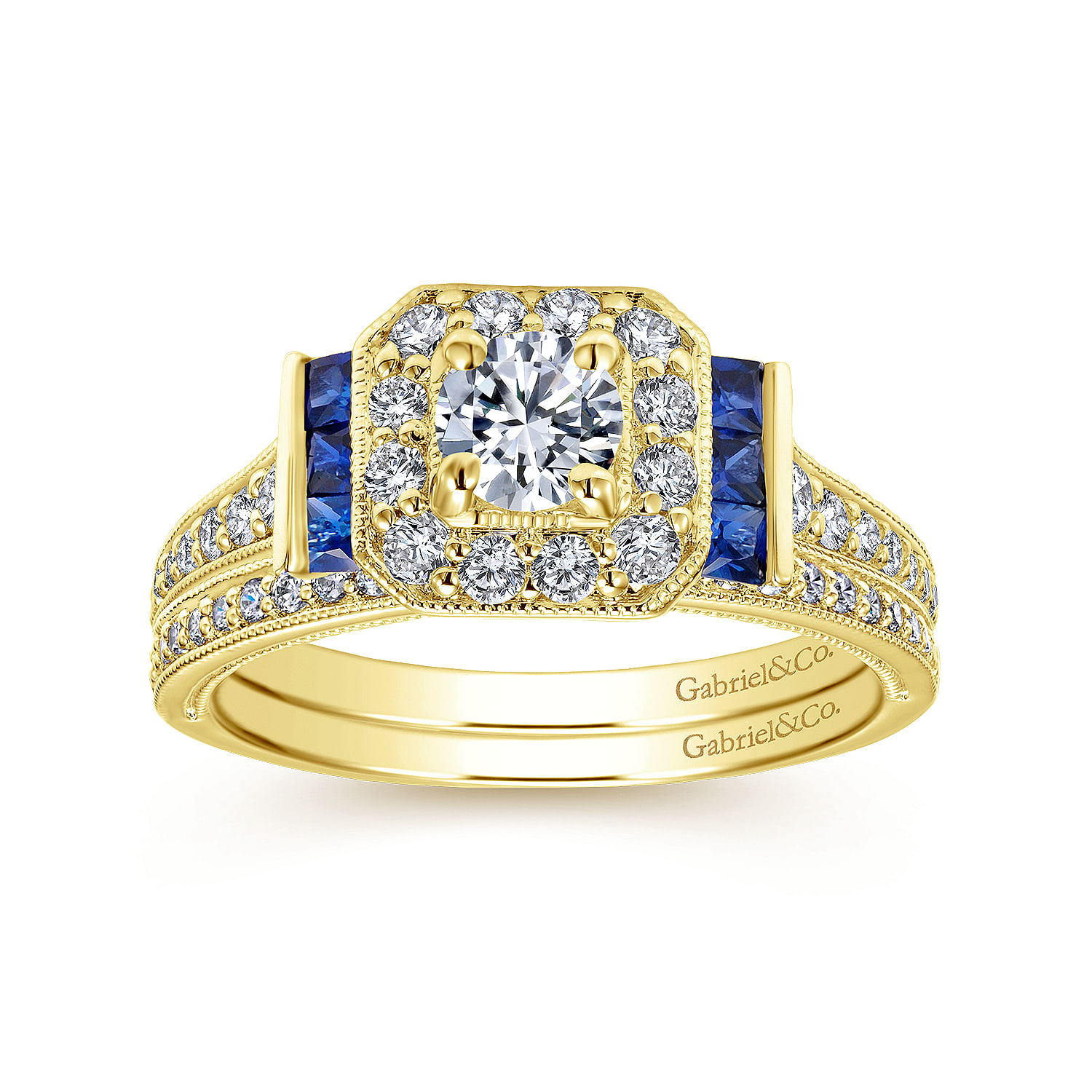 14K Yellow Gold Round Halo Sapphire and Diamond Engagement Ring