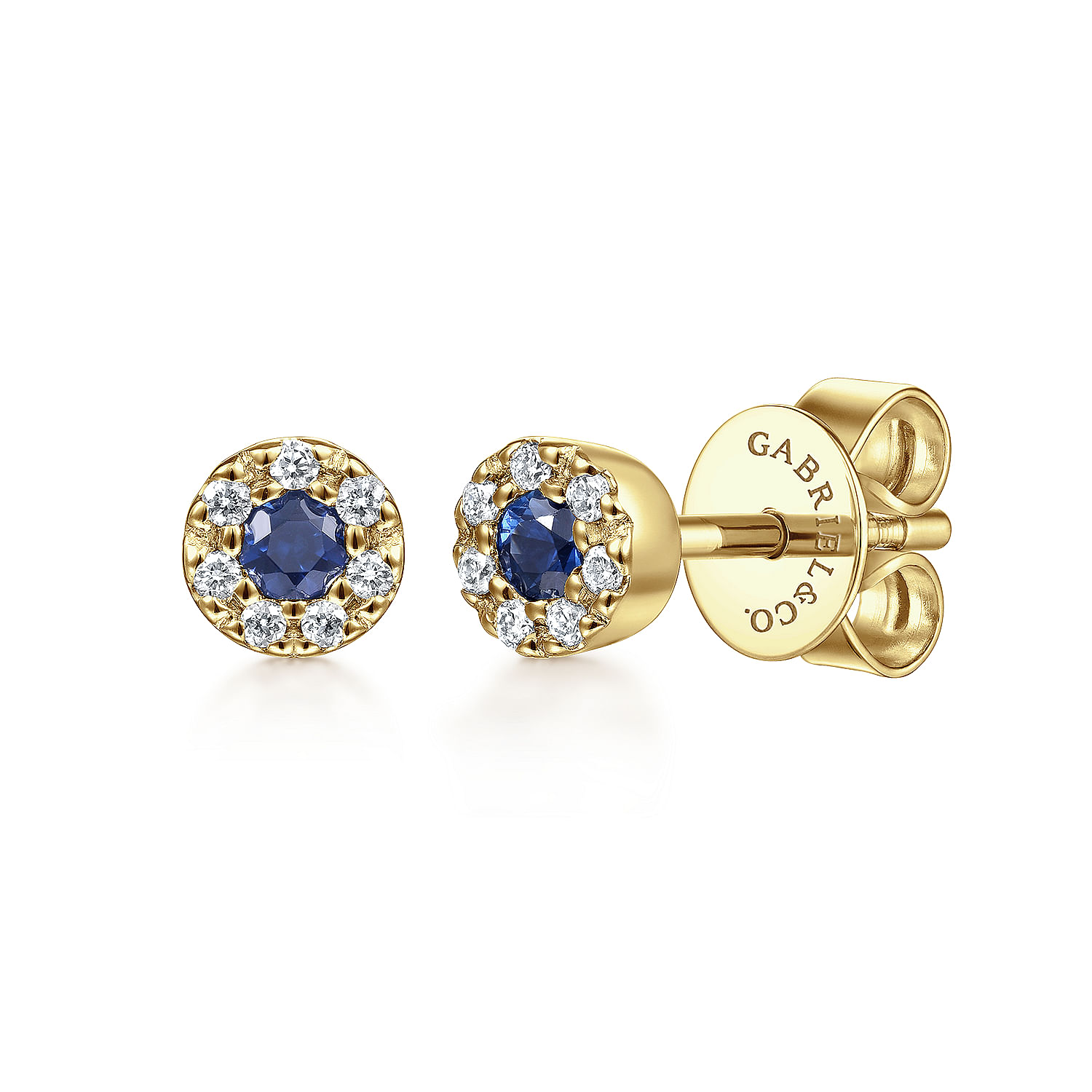 14K Yellow Gold Round Sapphire Diamond Halo Stud Earrings
