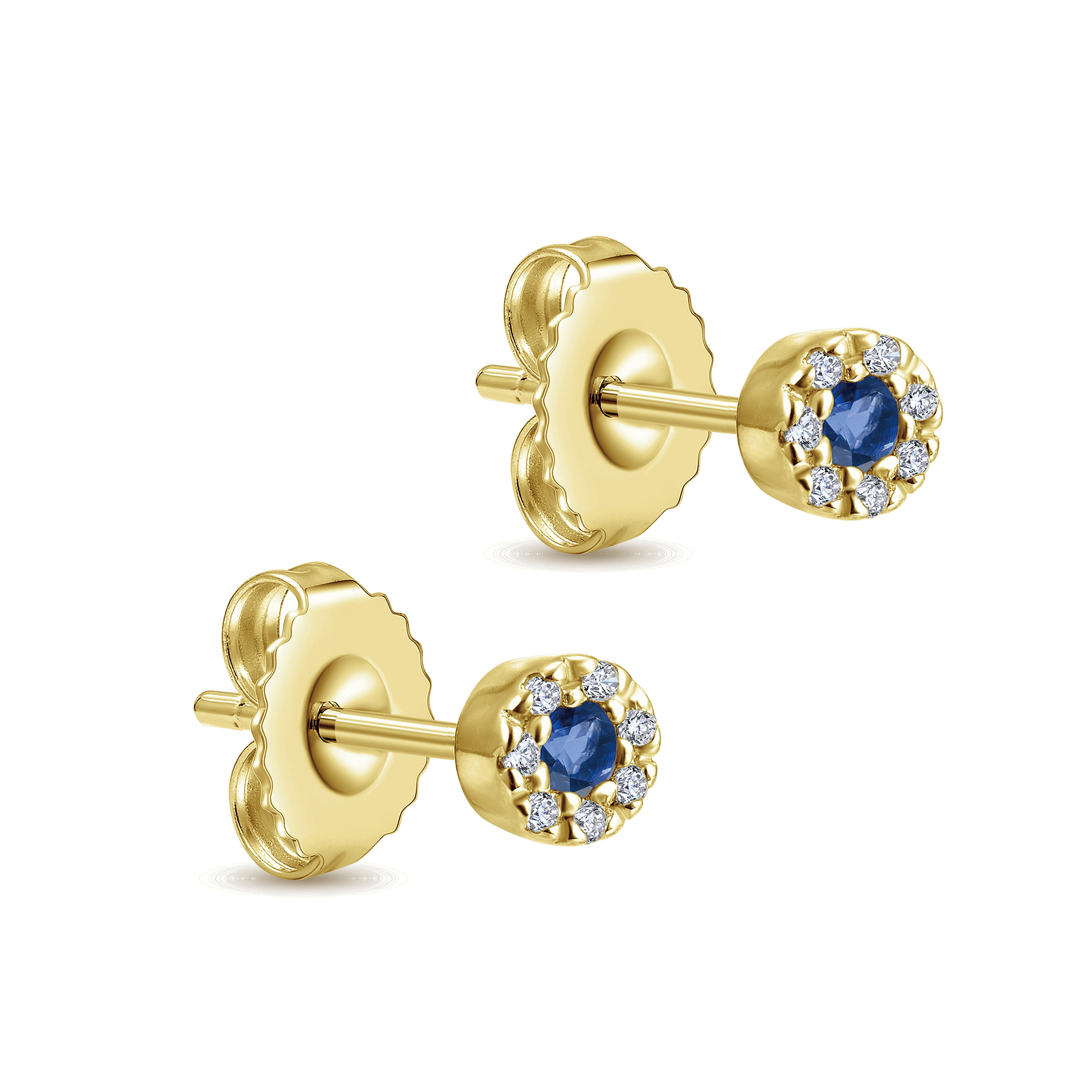 14K Yellow Gold Round Sapphire Diamond Halo Stud Earrings
