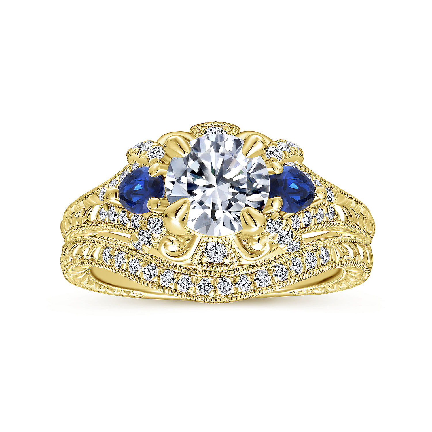 14K Yellow Gold Round Sapphire and Diamond Engagement Ring