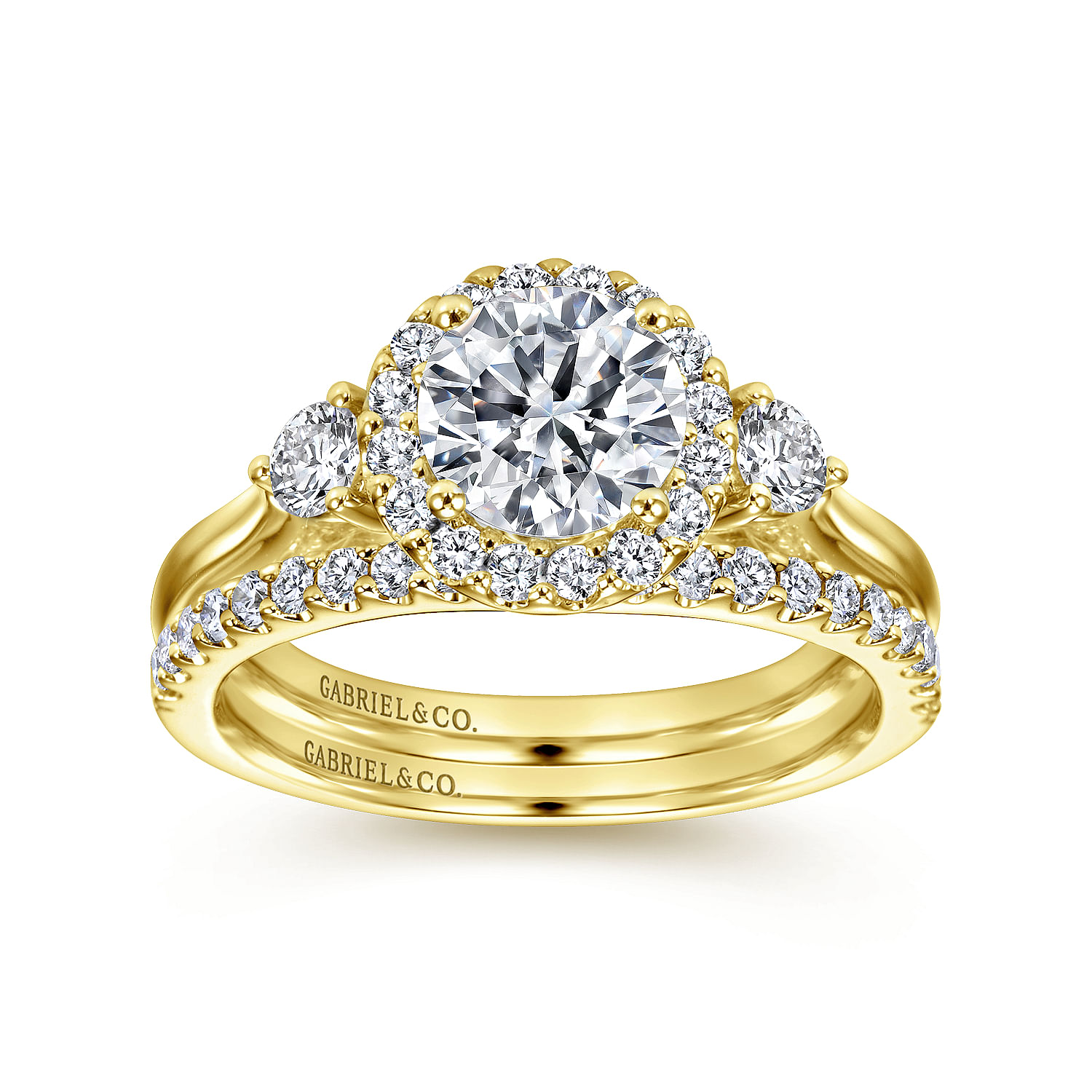 14K Yellow Gold Round Three Stone Halo Diamond Engagement Ring