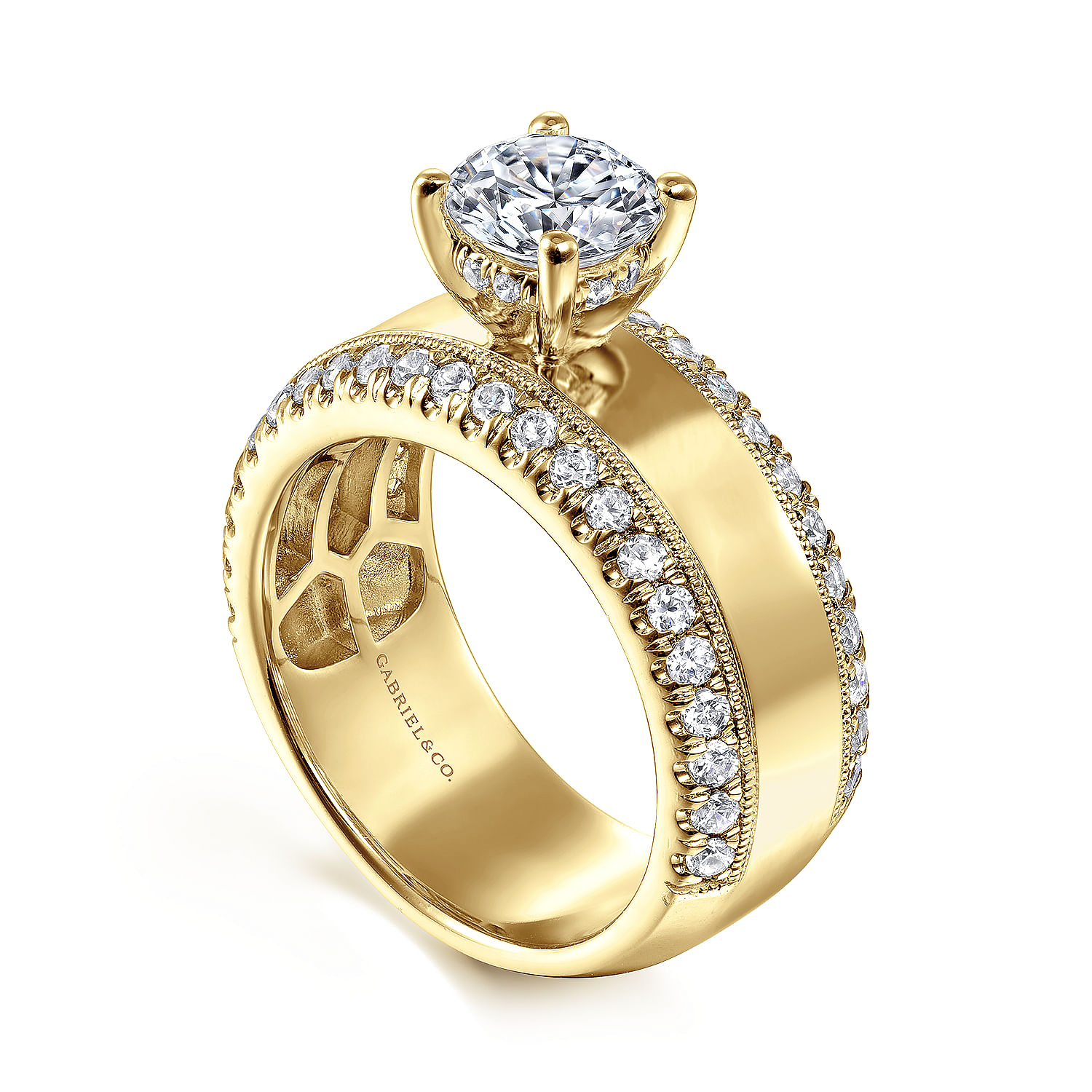 14K Yellow Gold Round Wide Band Diamond Engagement Ring