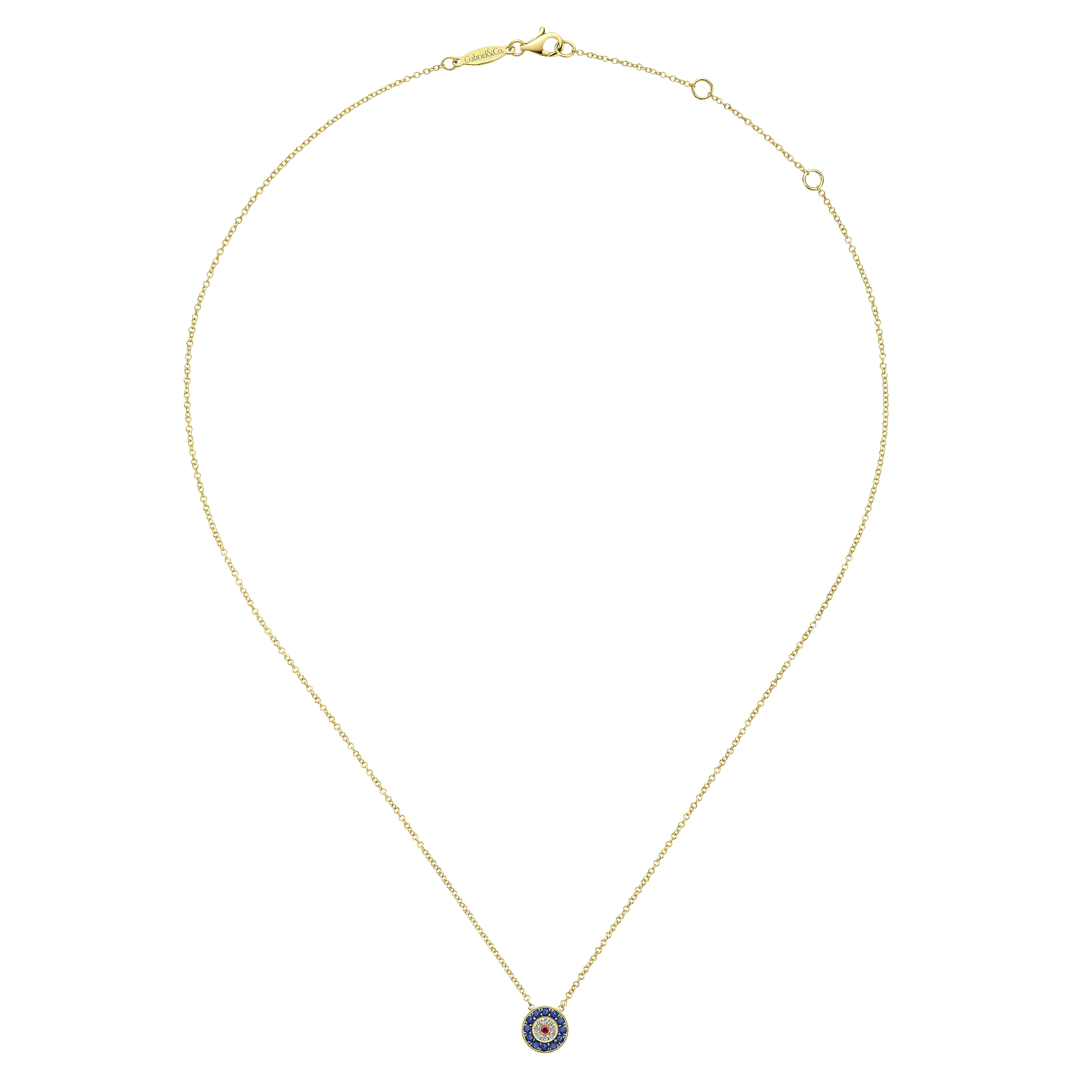 14K Yellow Gold Sapphire, Ruby and Diamond Evil Eye Pendant Necklace