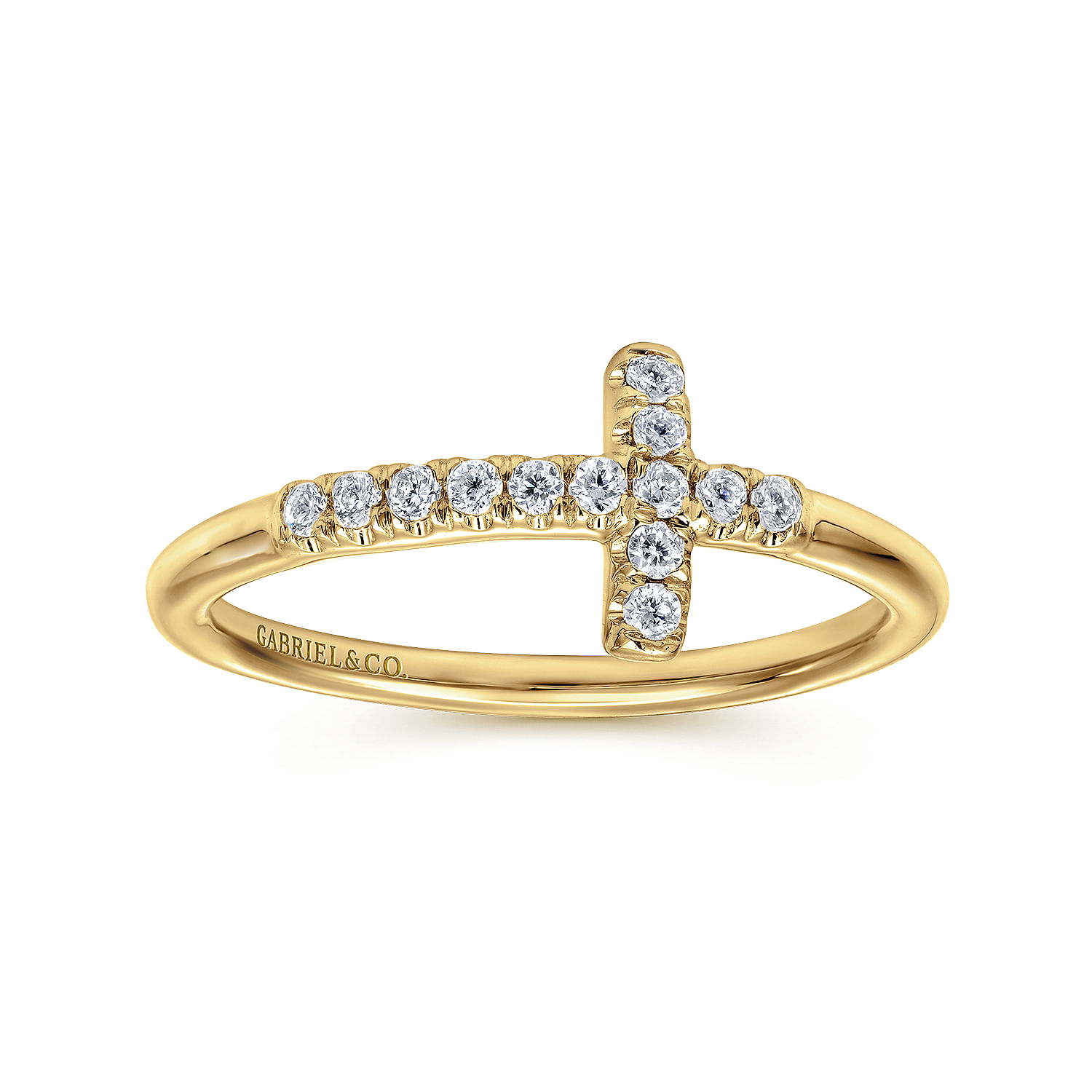 14K Yellow Gold Sideways Diamond Cross Ring