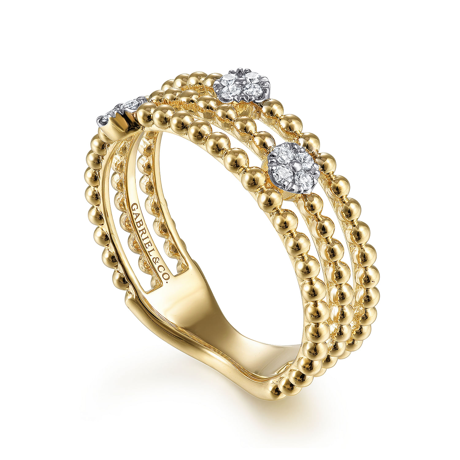 14K Yellow Gold Three Row Beaded Ring with Pavé Diamond Cluster Stations