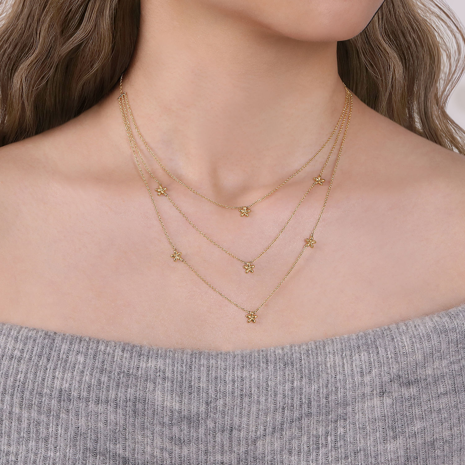 14K Yellow Gold Three Row Floral Drop Necklace