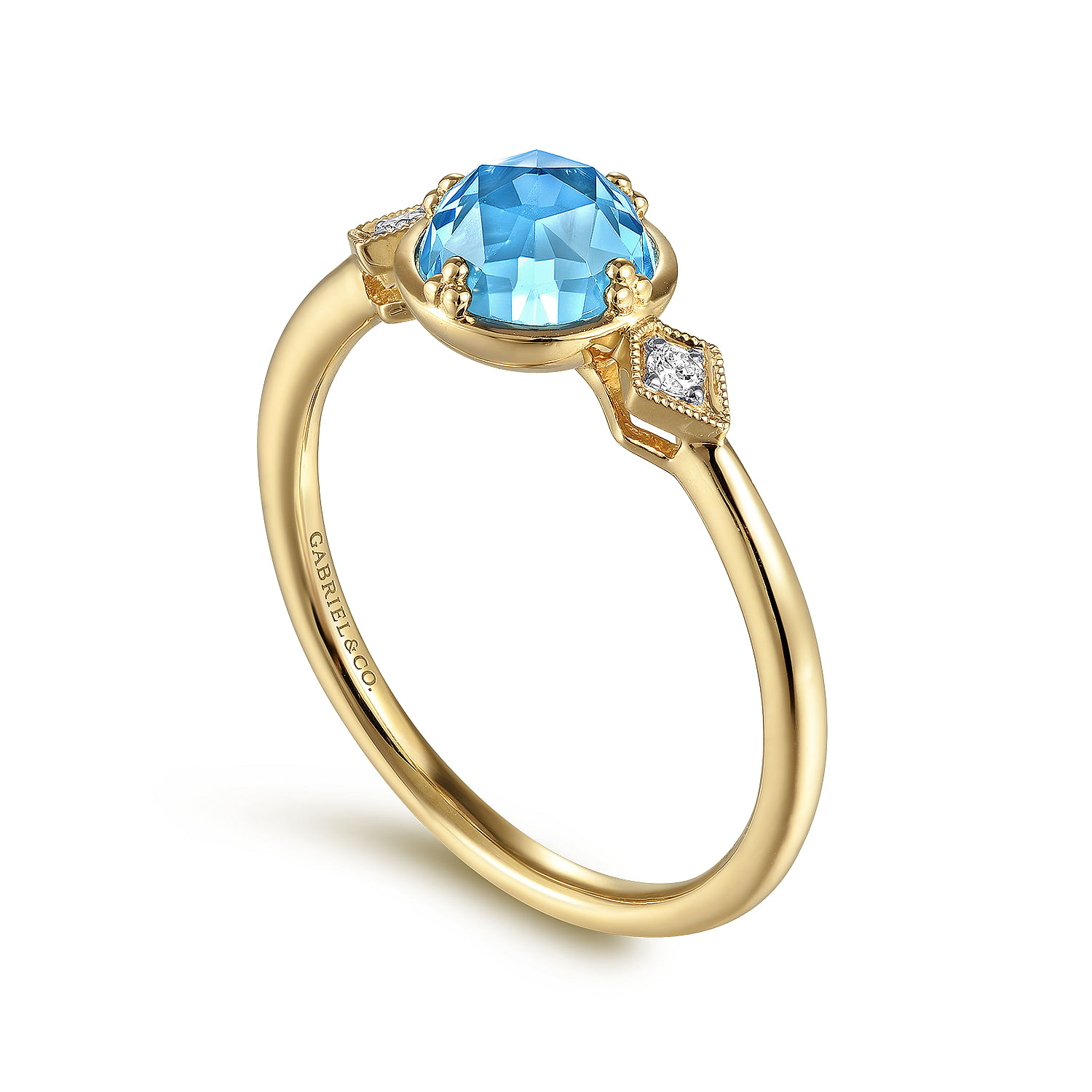 14K Yellow Gold Three Stone Blue Topaz and Diamond Ring