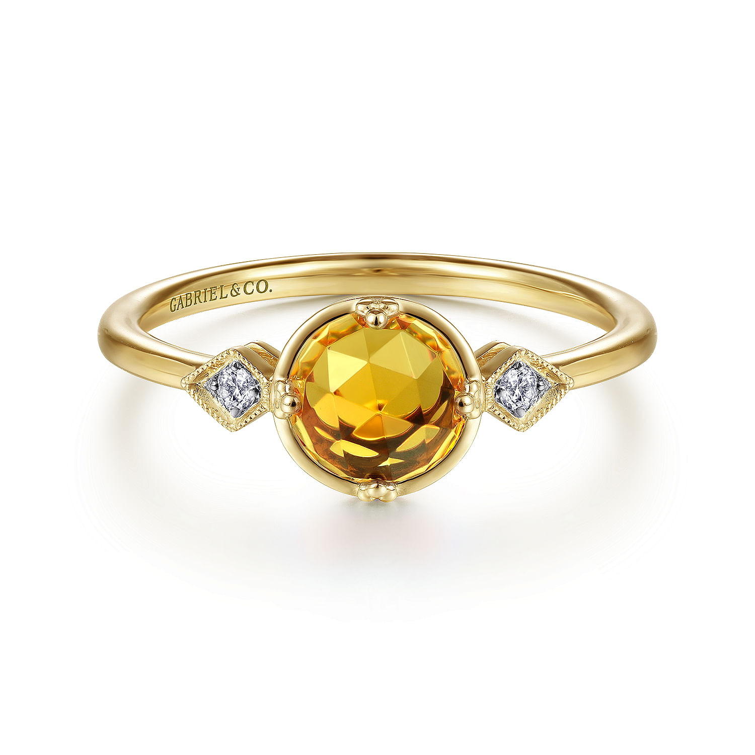 14K Yellow Gold Three Stone Citrine and Diamond Ring