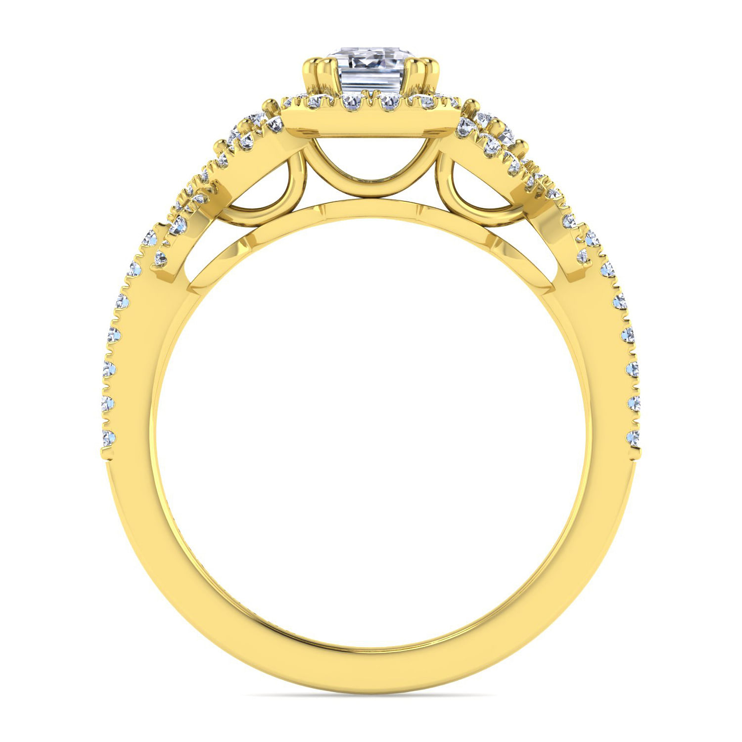 14K Yellow Gold Three Stone Halo Emerald Cut Diamond Engagement Ring